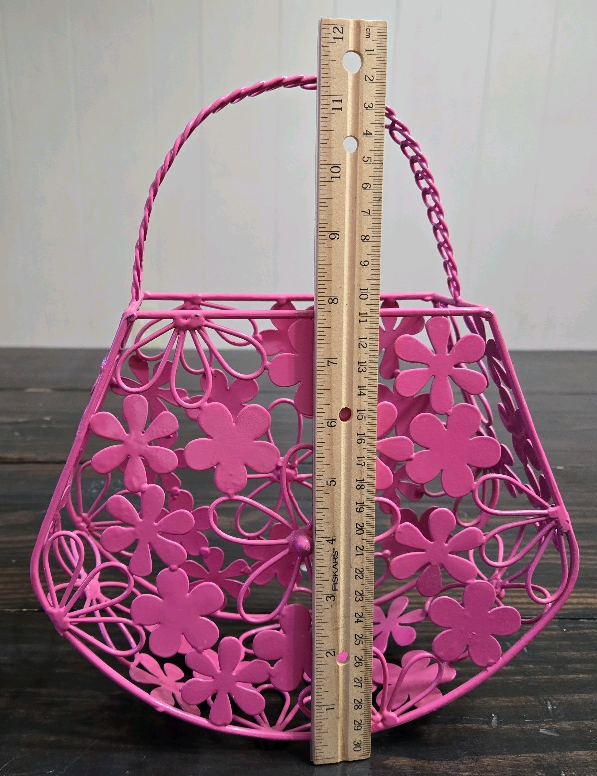 Pink Metal Floral Purse-Basket With Handle-Pink Flowers
