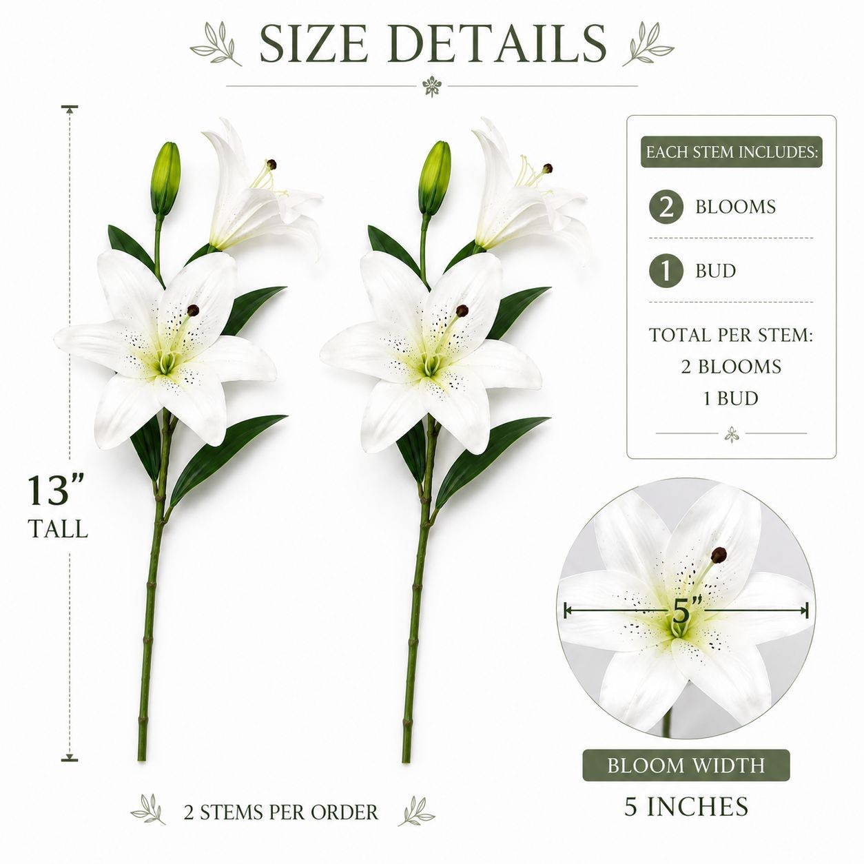 Real Touch White Lily Stems Set of 2, Artificial Lily Flowers, Faux Floral Stems