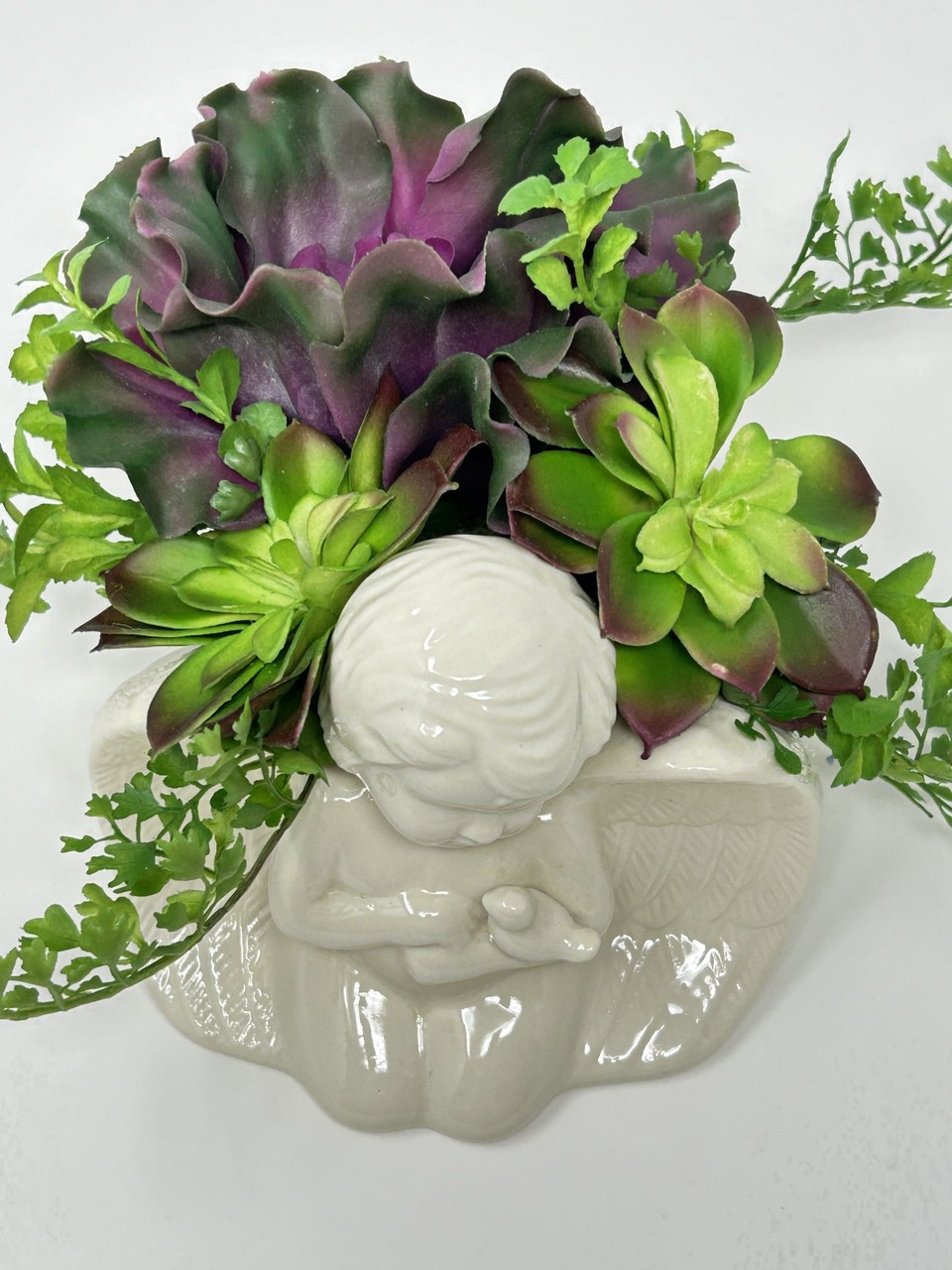 VINTAGE Ceramic CHERUB Angel planter with Artificial Echeveria Succulents & Fern