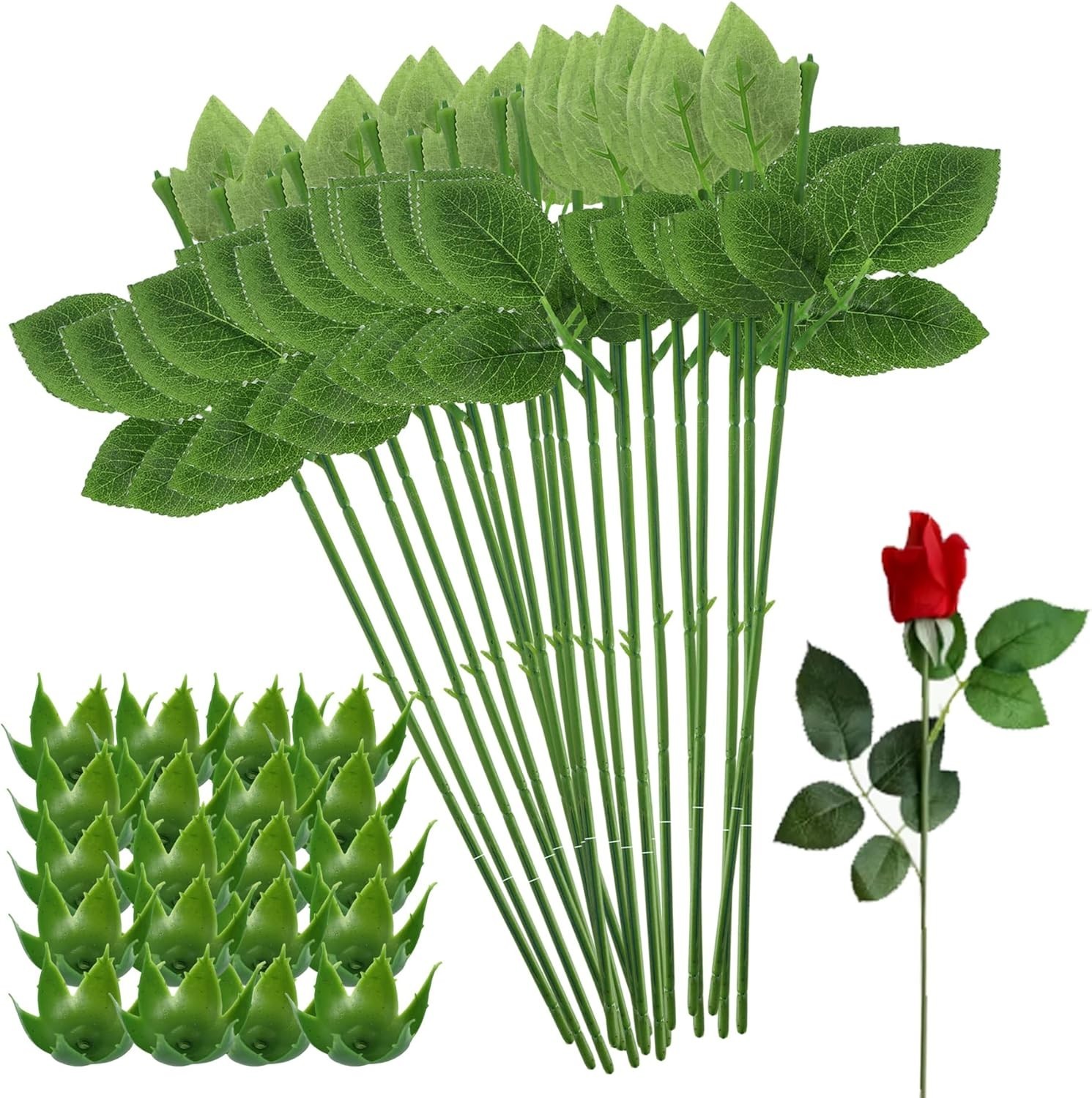 20PCS Floral Wire Stem with Leaves and 20PCS Artificial Flower Calyxes Set, f…