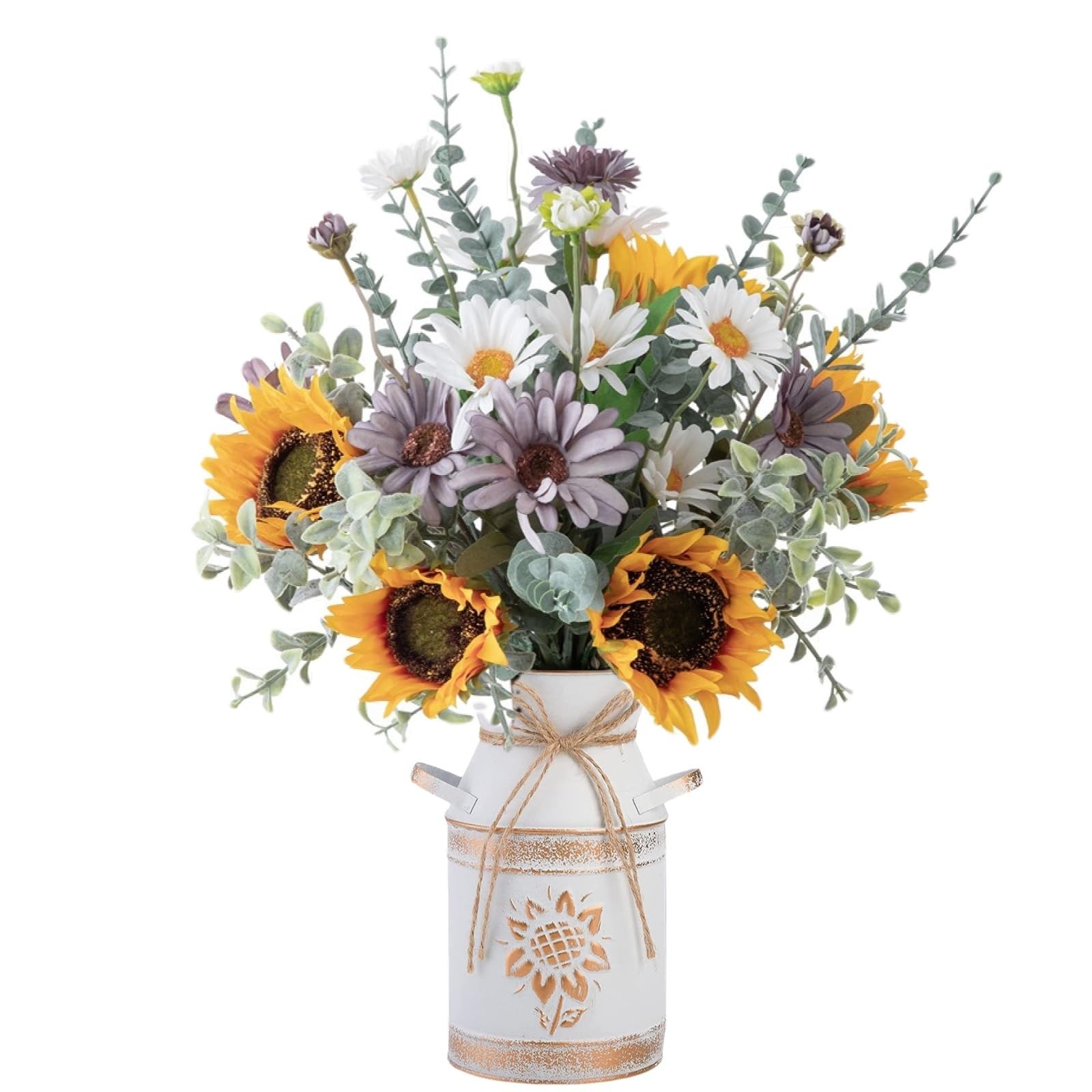 Yellow Artificial Sunflower Silk Flowers In Metal Vase Faux Kitchen Decor Gift