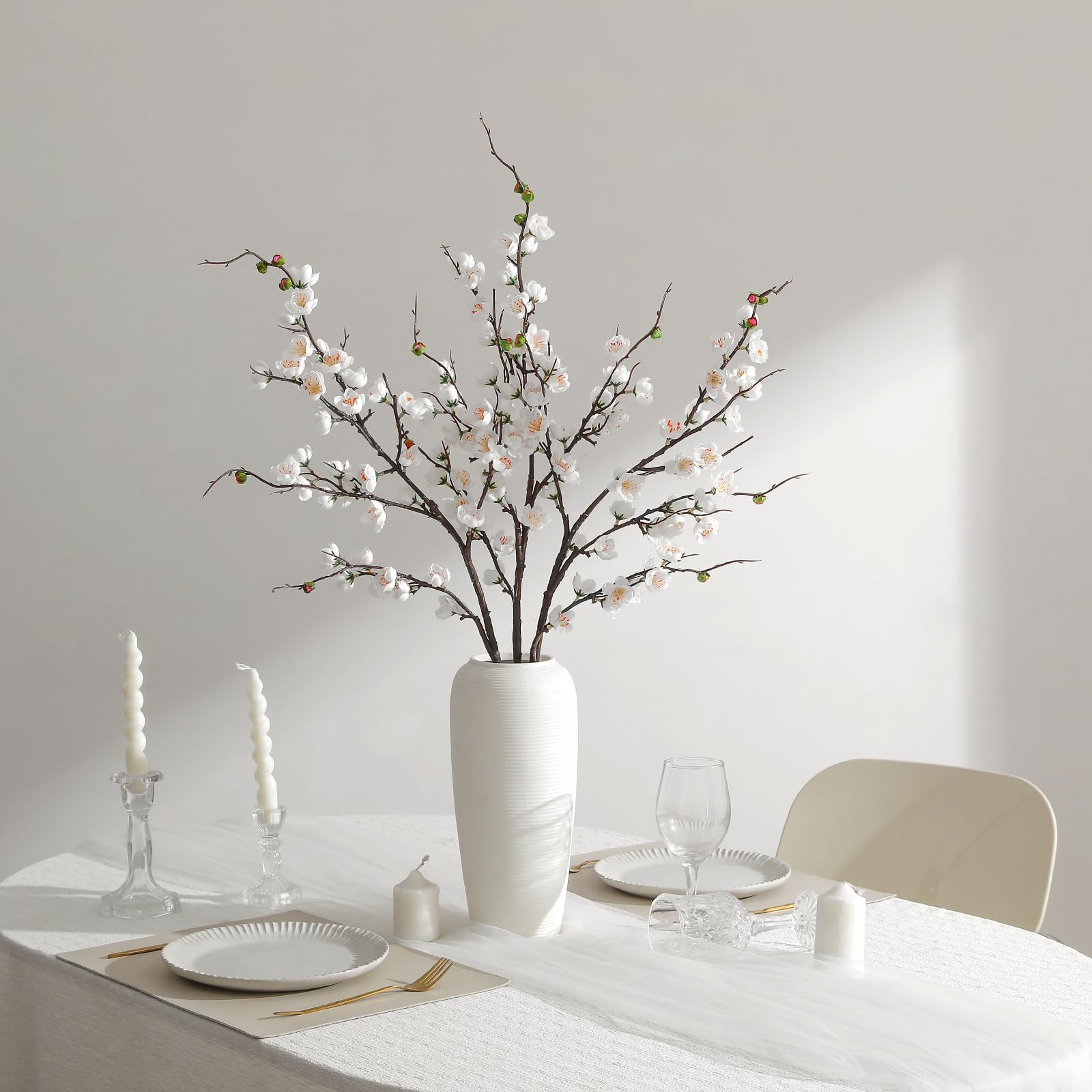 3 PCS Artificial White Cherry Blossom Branches 37.8″ Faux Silk Flowers