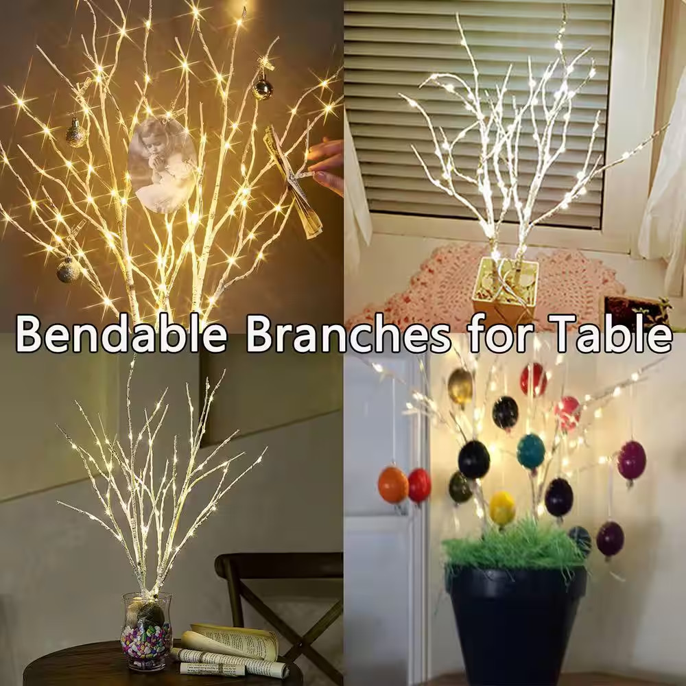 18 In. White Artificial Willow Foliage Lighted Birch Branches with 70 LED Timer