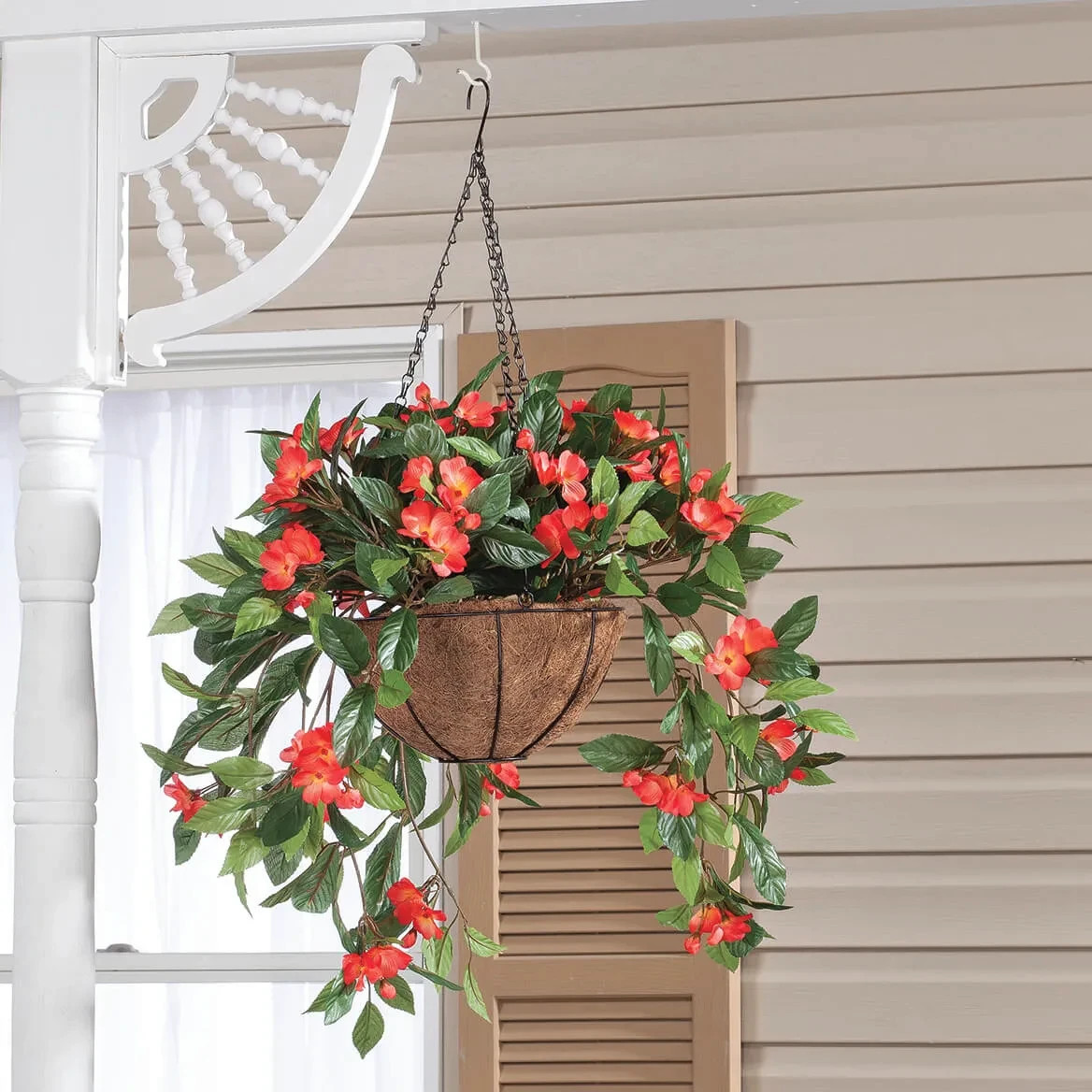 Large Artificial Orange Impatiens Hanging Basket Indoor Outdoor Patio Yard Decor
