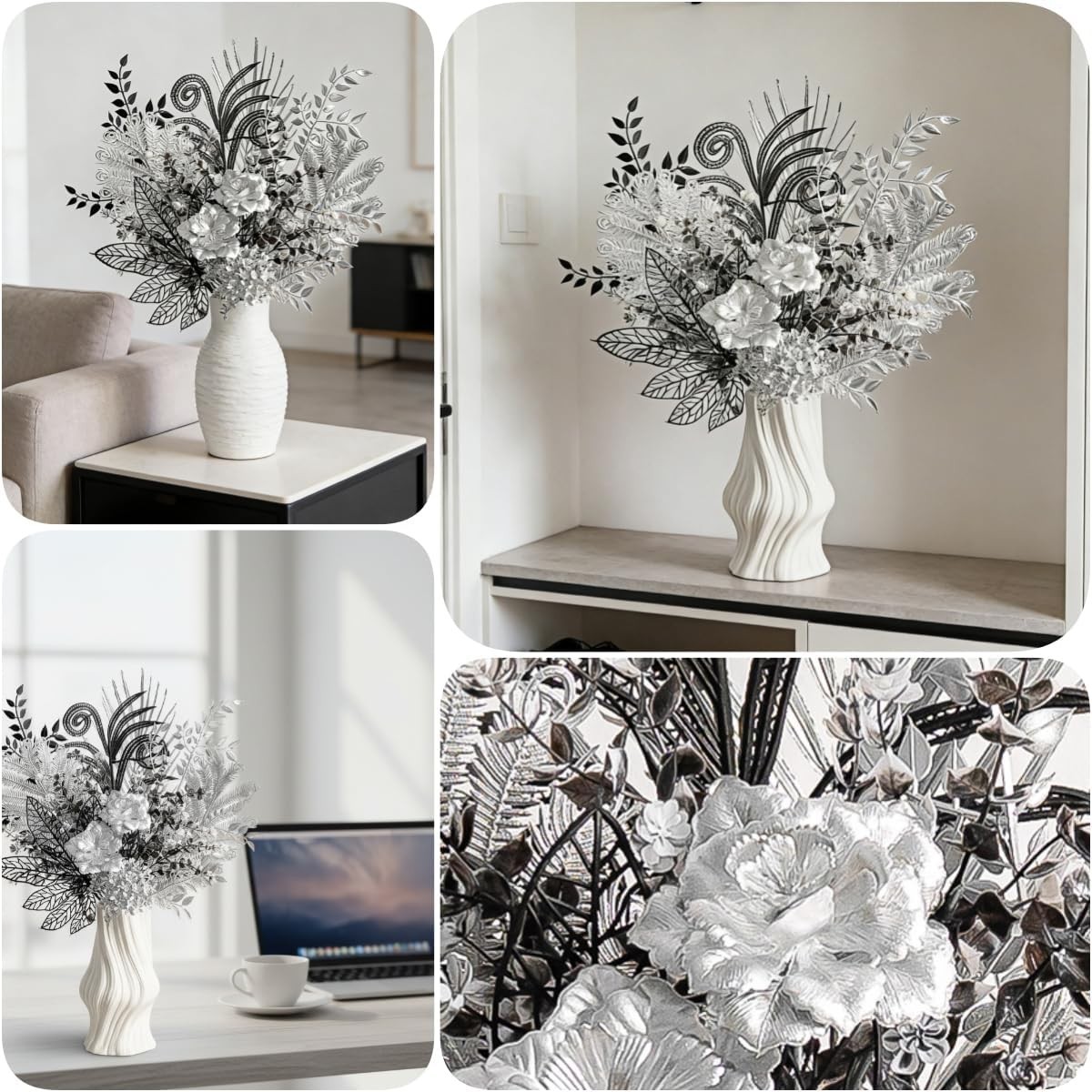 17-Inch Shimmering Black and Silver Artificial Bouquet, Modern Gothic Silk Flowe