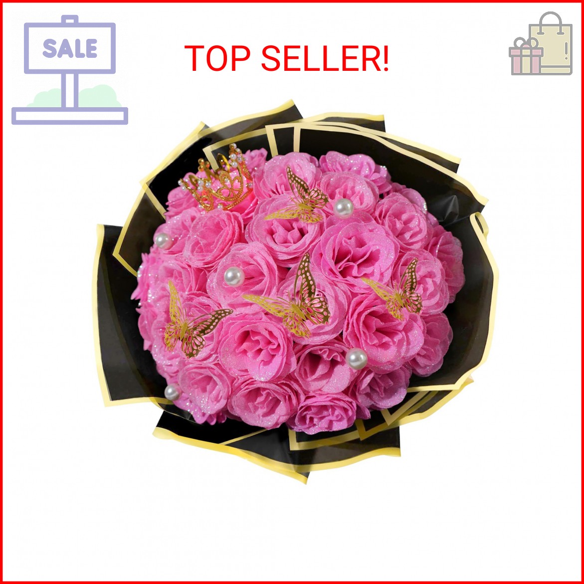 Pink Glitter Roses Bouquet, 24 Pcs Shiny Glitter Flowers Bouquet, Everlasting Ar