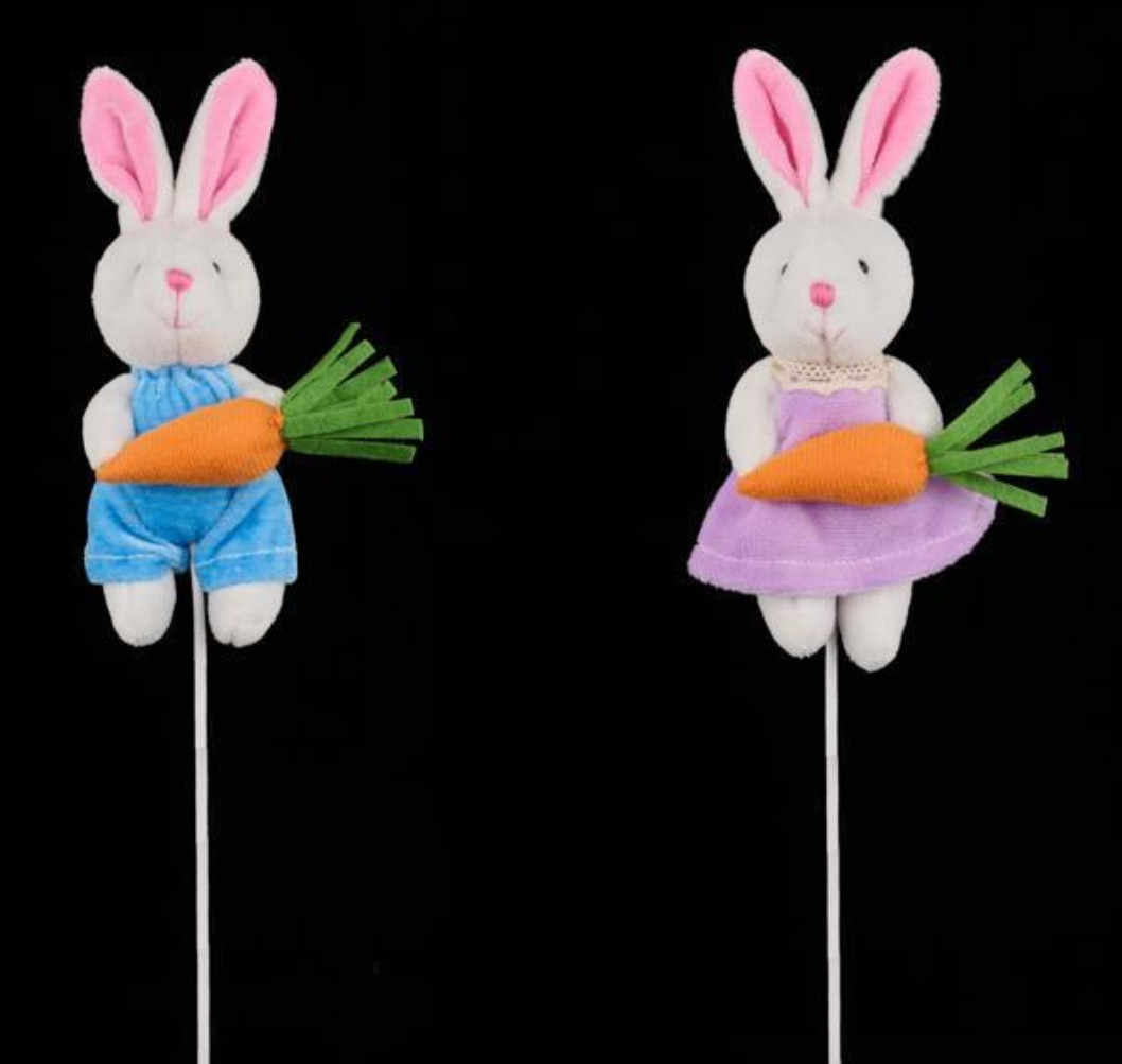 Velvet Bunny Rabbit W/ Carrot Plush Picks Easter Decor Holiday Supplies Set of 2