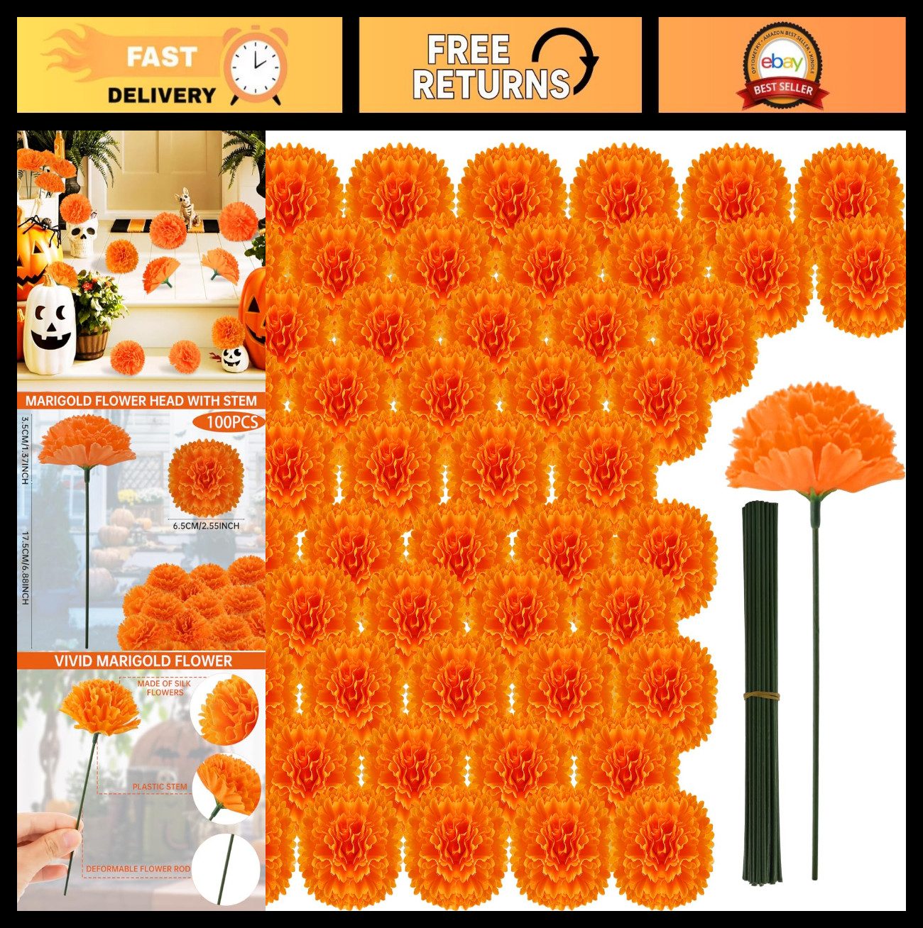 100 Pcs Silk Marigold Flower Heads – Artificial Flowers for Home Decor, DIY Wrea