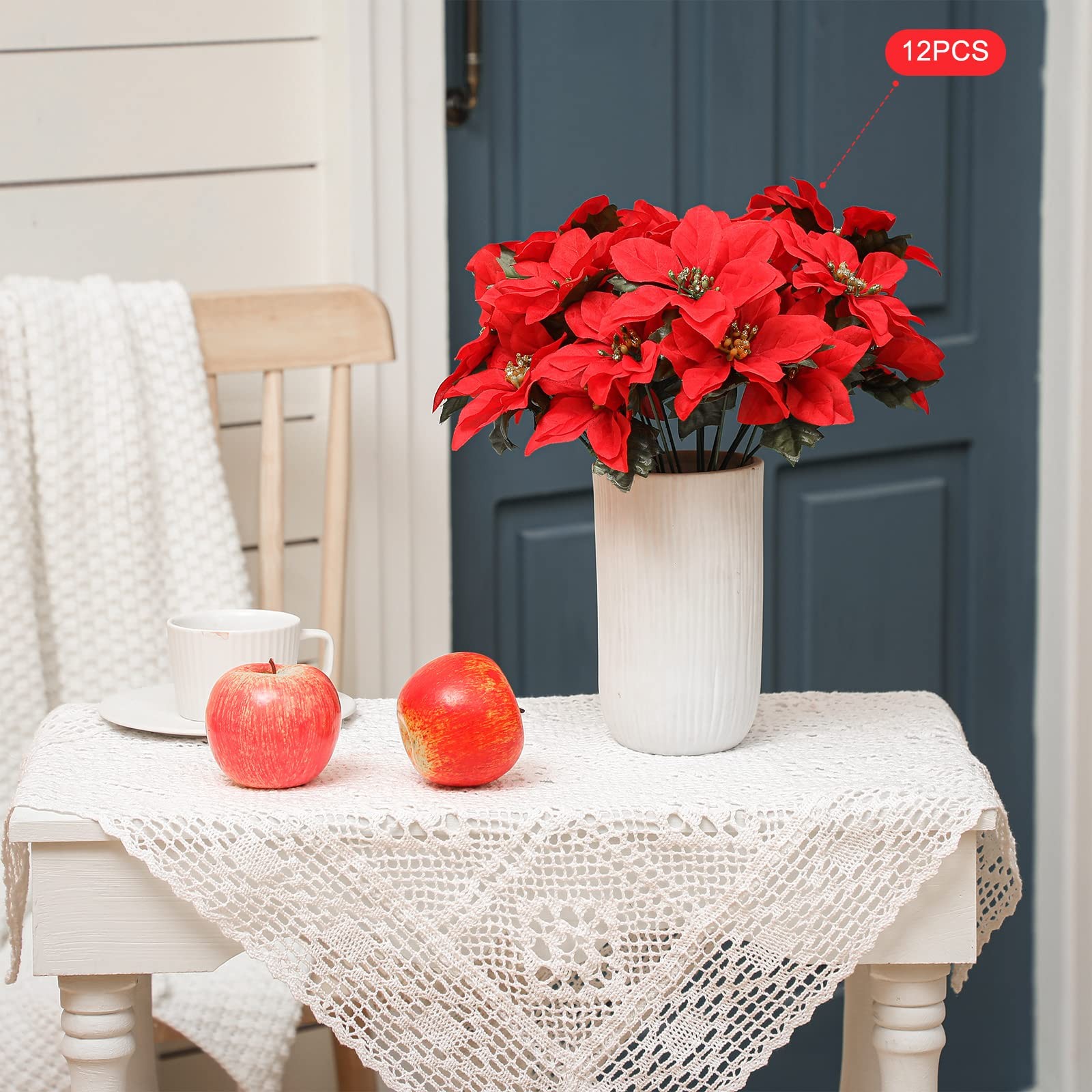 12 PCS 7 Heads Christmas Artificial Poinsettia Flowers Faux Silk Bush Red