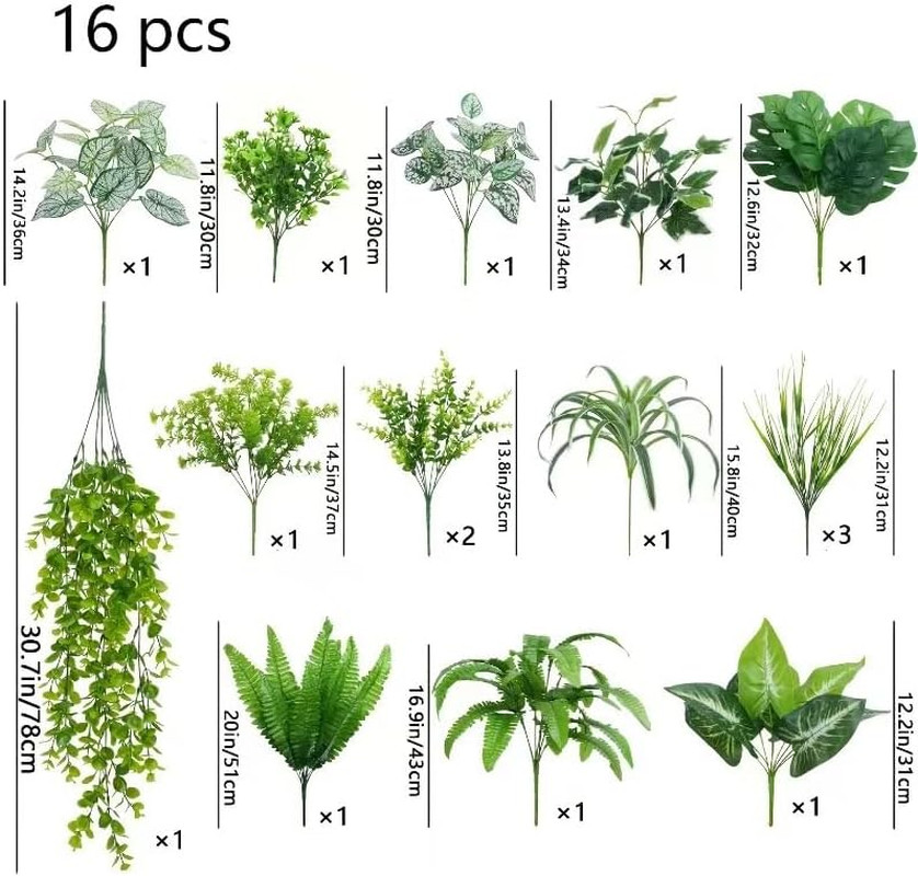 16Pcs UV Resistant Faux Plants for Indoor Outdoor Garden Decor