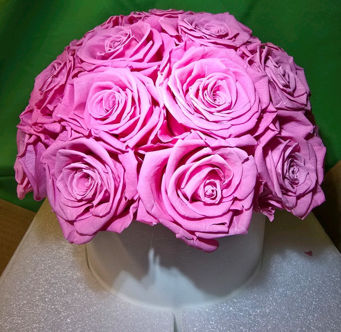 27 Preserved Pink Roses In White Vase, Preserved Flowers Dome Shaped