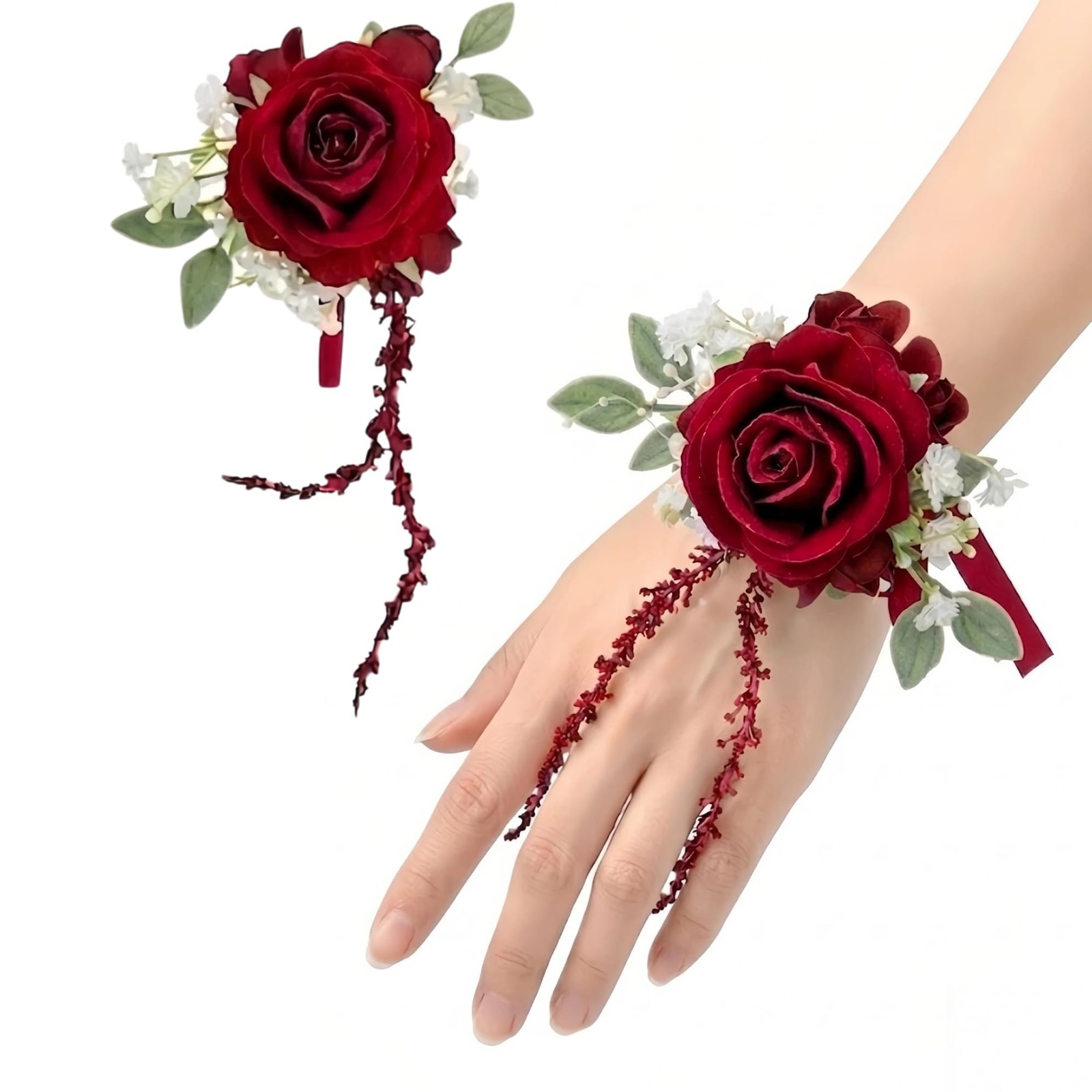 Red Rose Wrist Corsage And Boutonniere Set Men Women Wedding Prom Party Prop