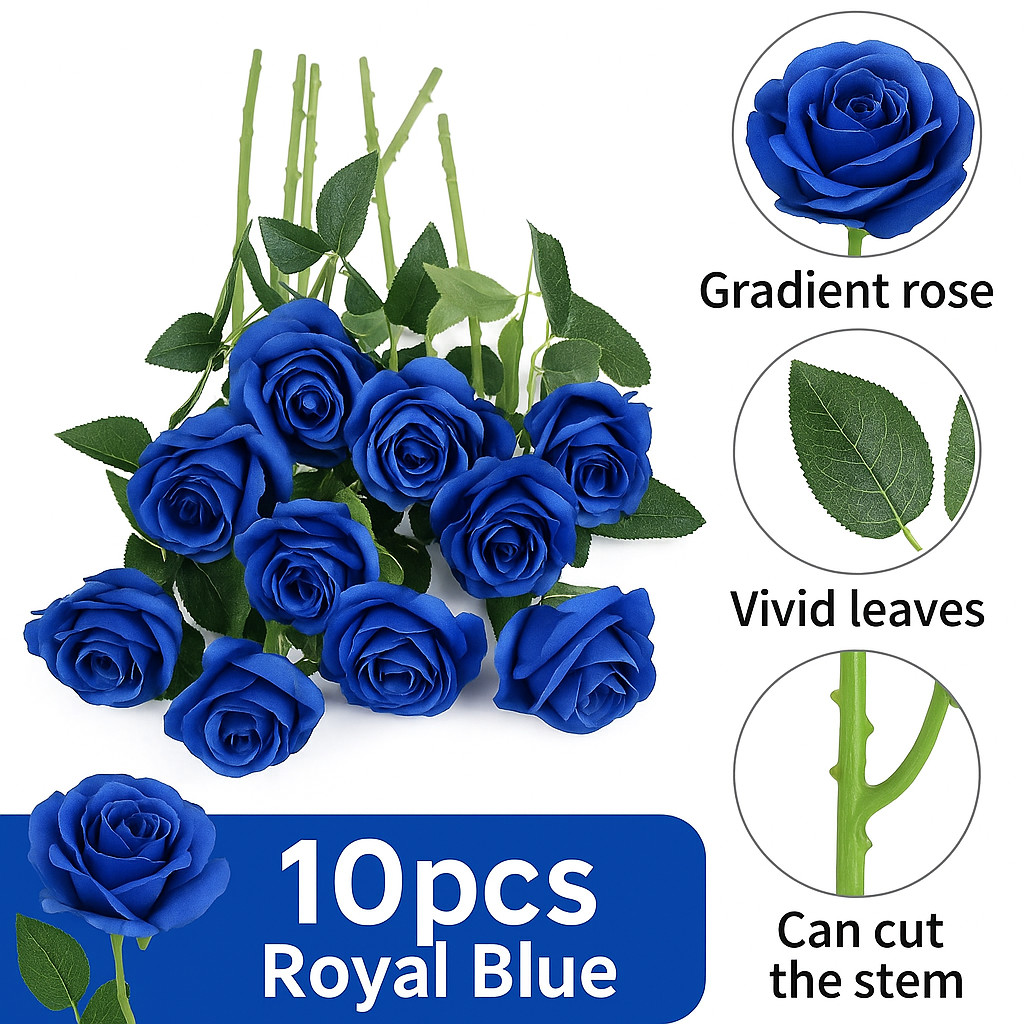 10pcs Royal Blue Artificial Silk Roses Long Stem Flowers for Wedding Decor DIY