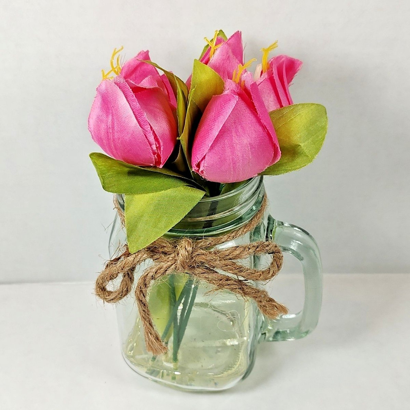 Artificial Flower Market Bouquet Arrangement Mason Jar Vase Glass w/ Handle New