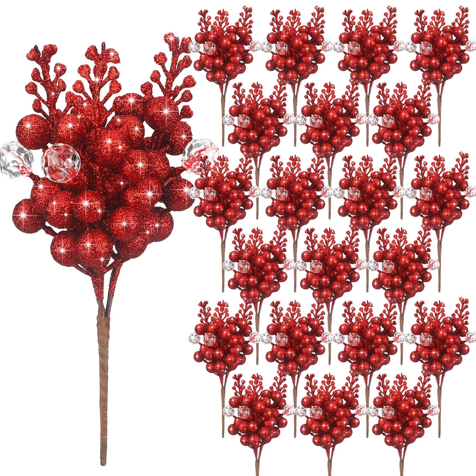 24 Pack Artificial Red Berry Stems Christmas Picks and Sprays Glitter Christm…