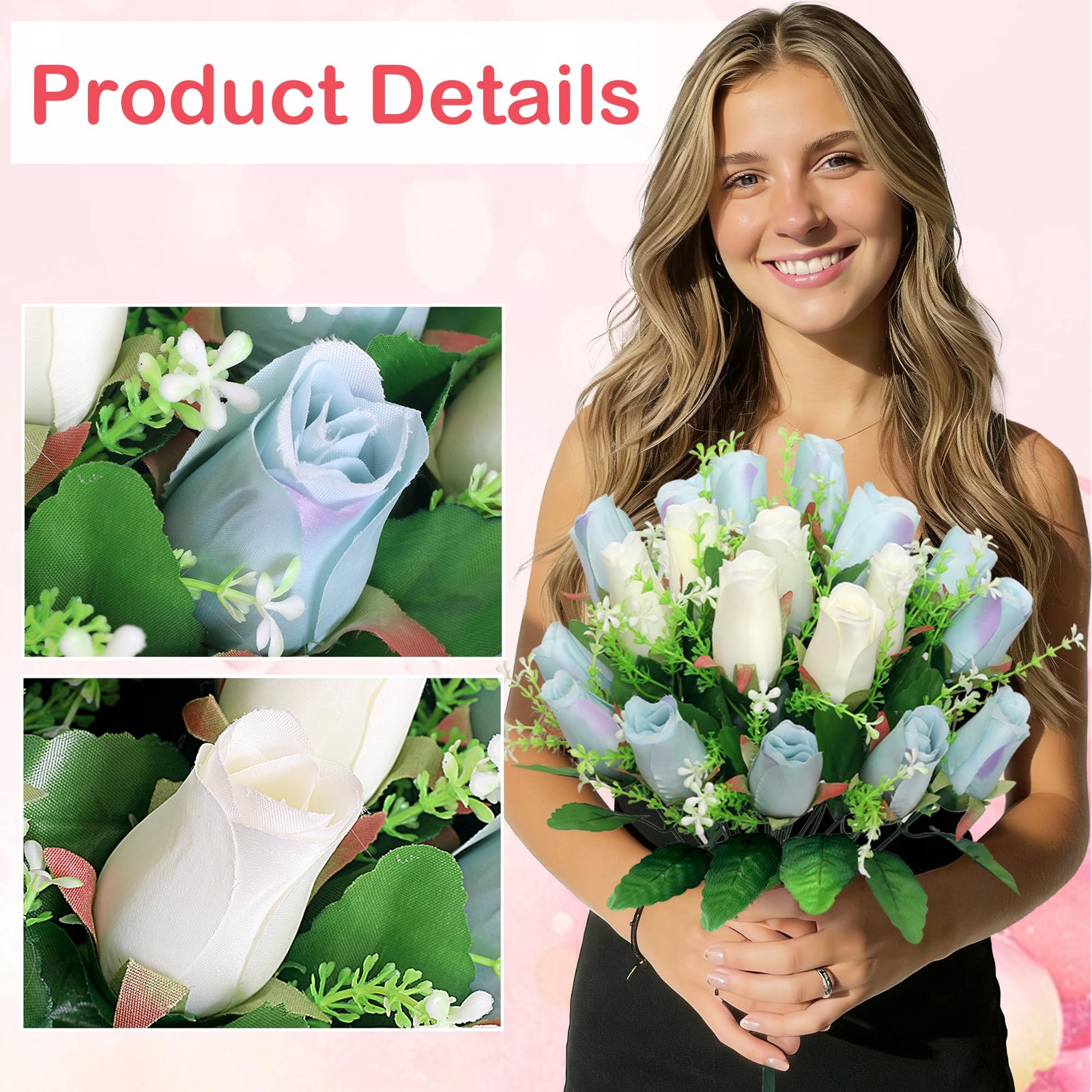 2 PCS Artificial Cemetery Flowers Blue White Memorial Bouquet Heavy Vases