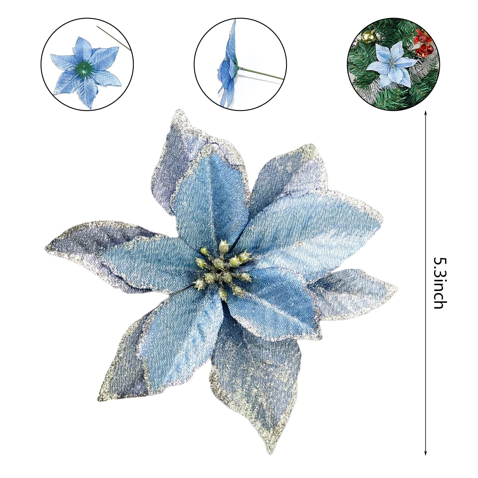 Christmas Glitter Poinsettia Christmas Tree Ornaments Decoration Blue 12 PCS