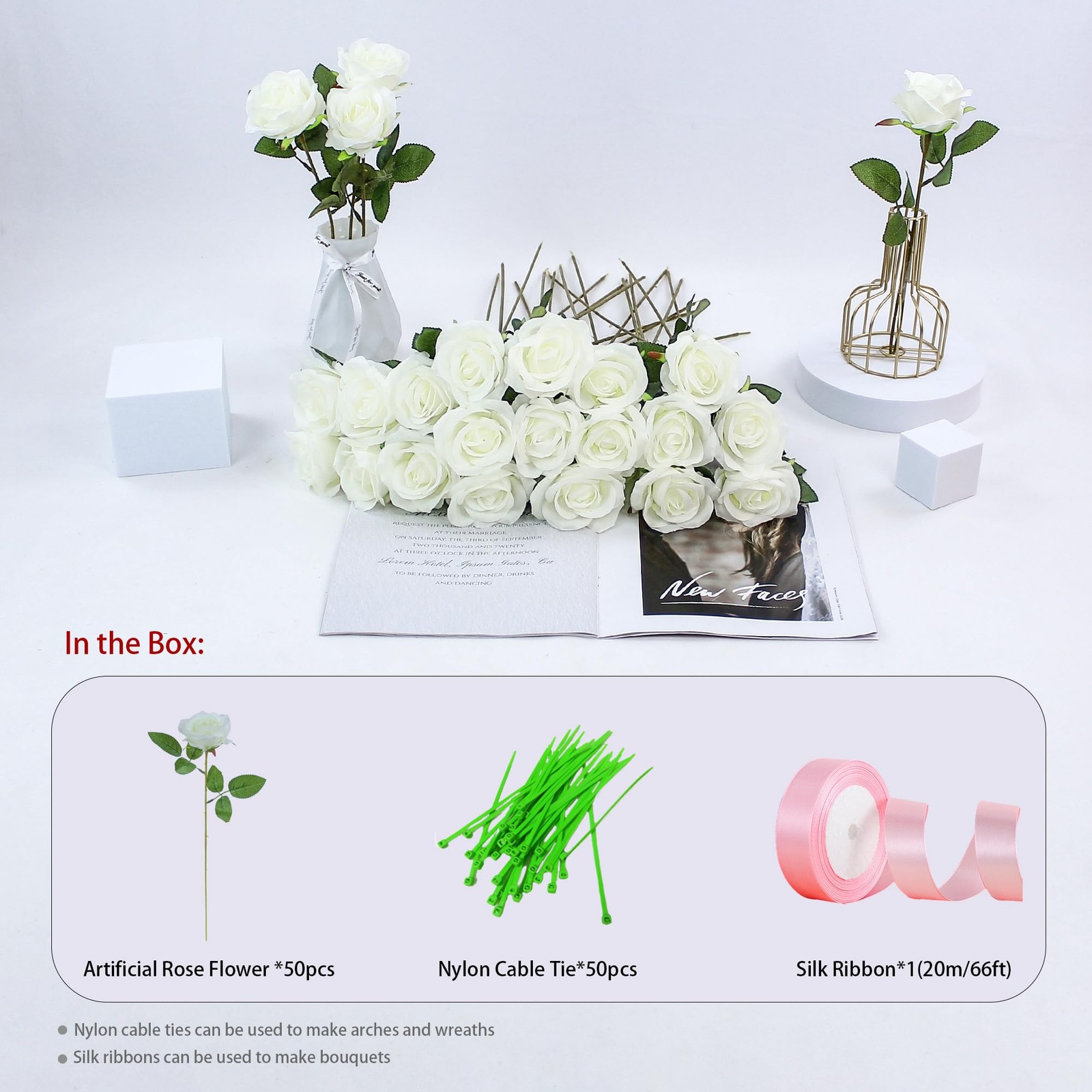 50pcs Artificial Roses in Bulk Fake Silk Roses with Stem Realistic White Rose…
