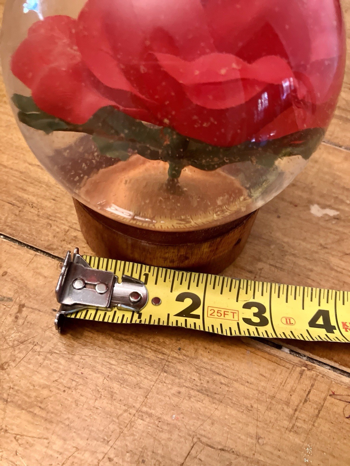 Vintage Preserved Faux Red Flower Rose in Glass Water Dome Globe Wood Pedestal