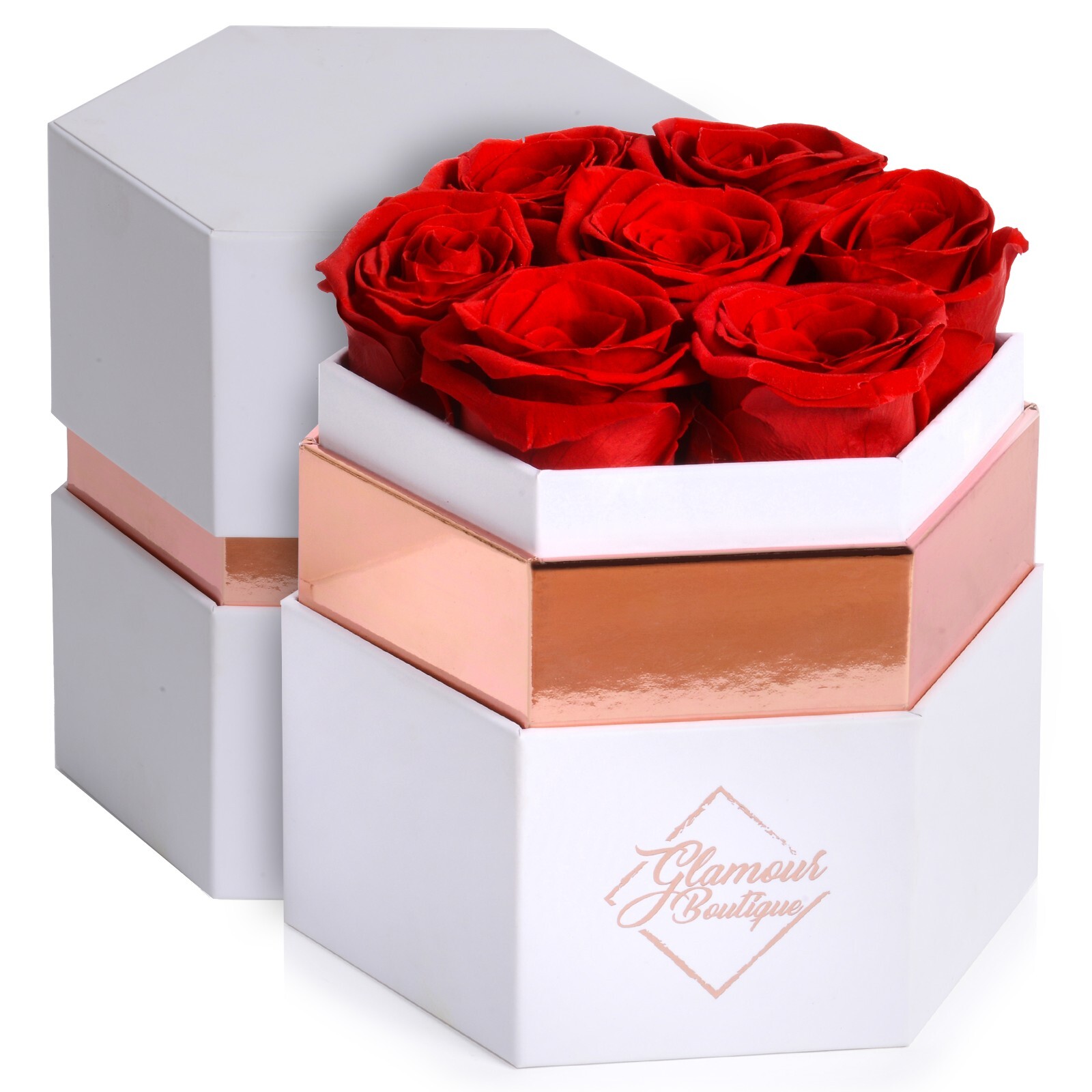 Glamour Boutique Hexagon 7-Piece Forever Real Rose – Preserved Roses in a Box