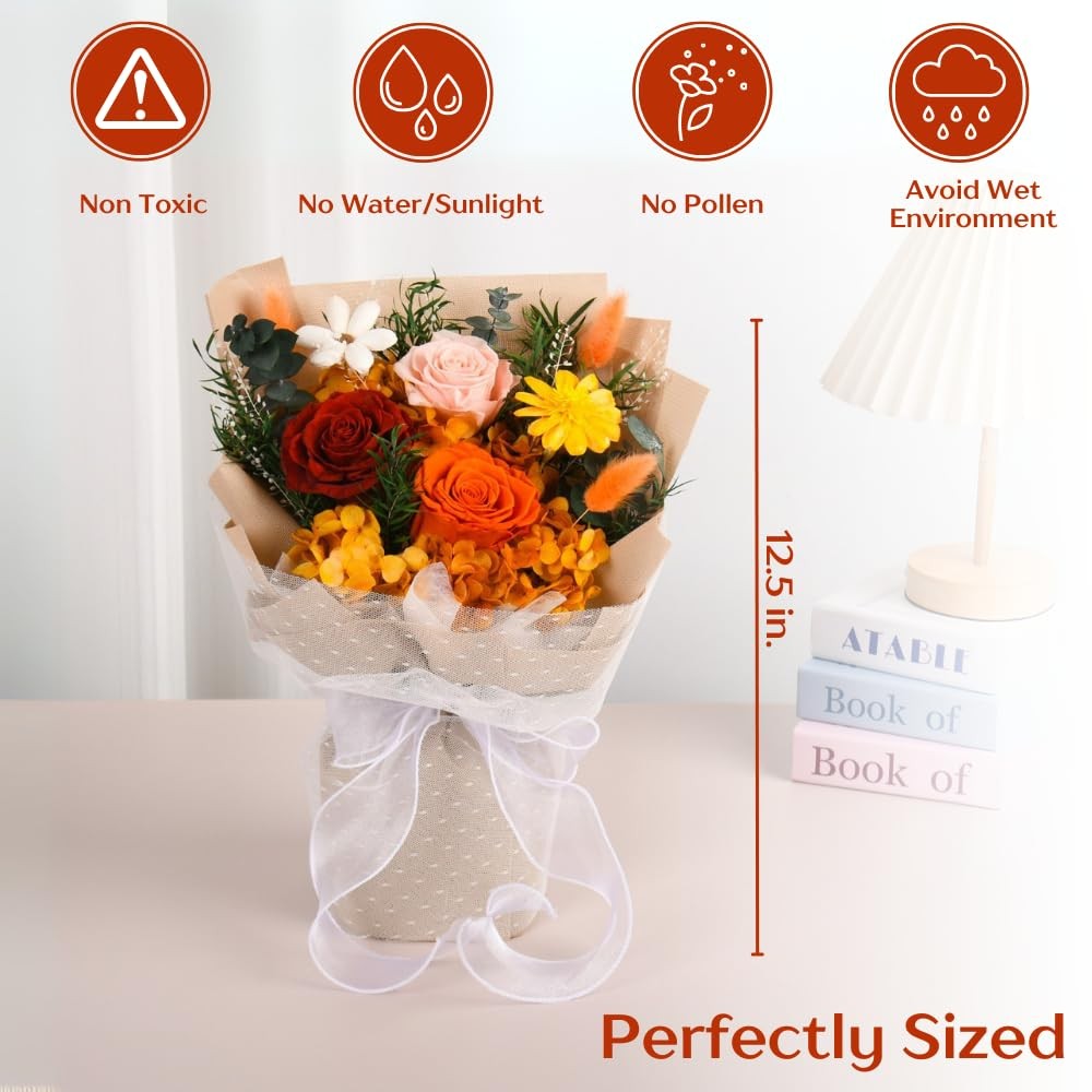 Forever Flowers Bouquet, Preserved Long-Lasting Orange Roses, Vase-Ready Arra…