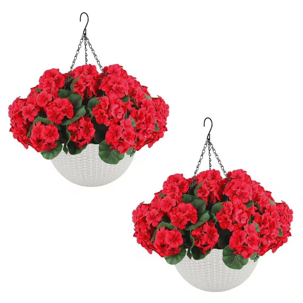 2-Set 10 In. Red Artificial Geranium Flowers W/ White Basket, Artificial Hanging