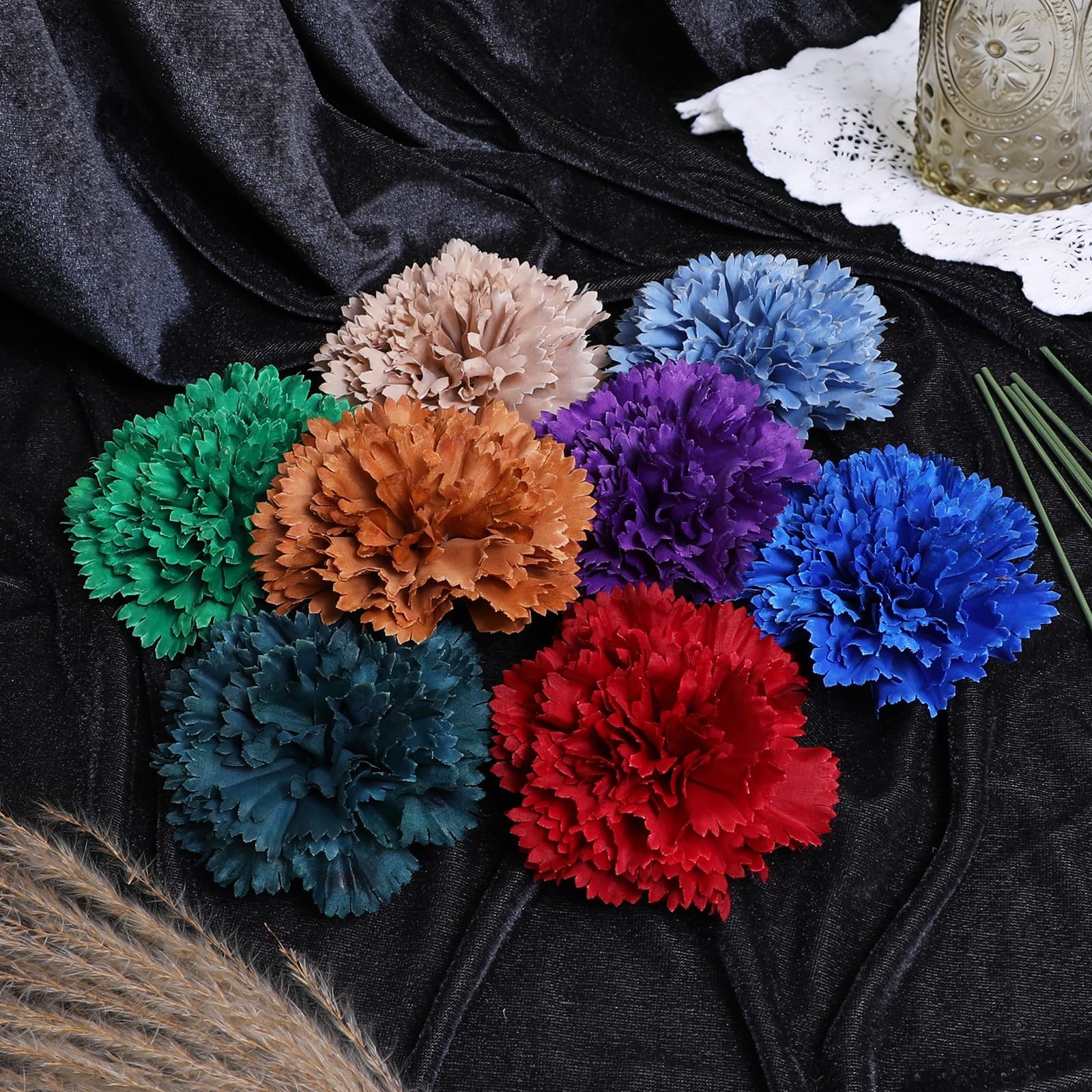 24Pcs Dark Purple Carnation Artificial Flowers with Stems, Fake Silk Carnatio…