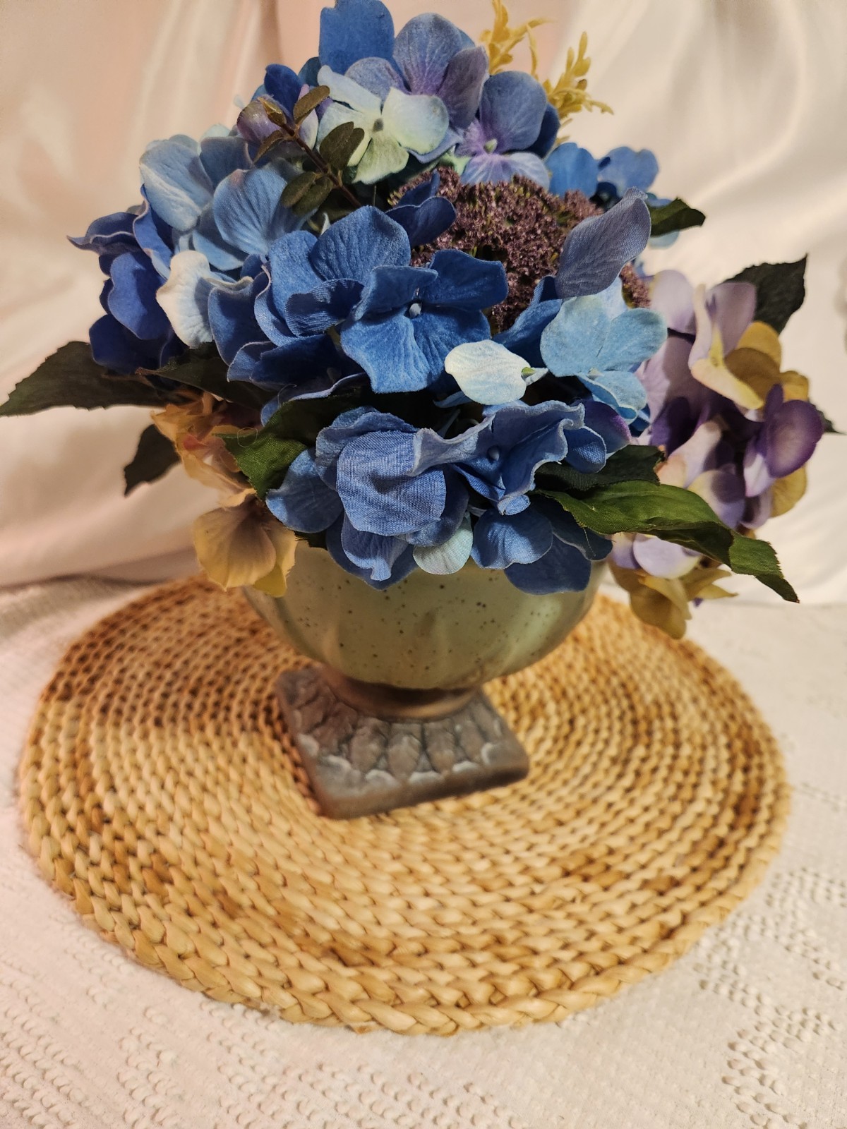 Hydrangea Floral Arrangement In Pedestal Urn Blues, Purples, Greens