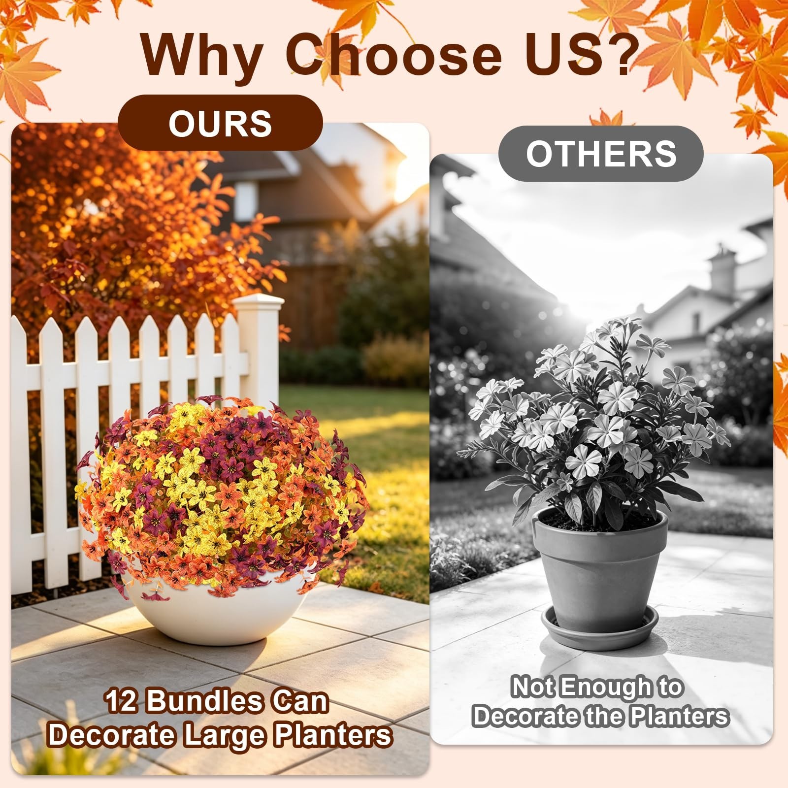 12 Bundles UV Resistant Artificial Mums Flowers – Fall Faux Daisy & Eucalyptus f