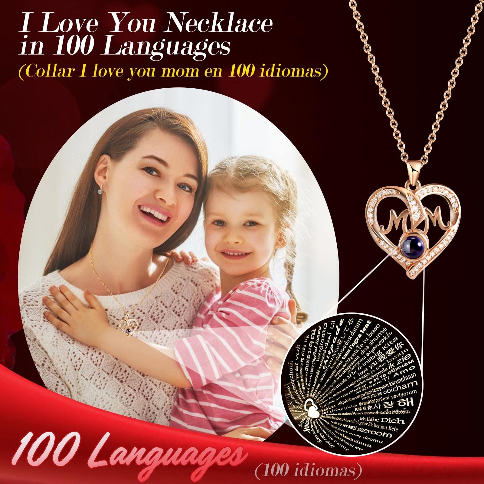 Preserved Real Roses with I Love You in 100 Languages Mom Necklace Set, Uniqu…