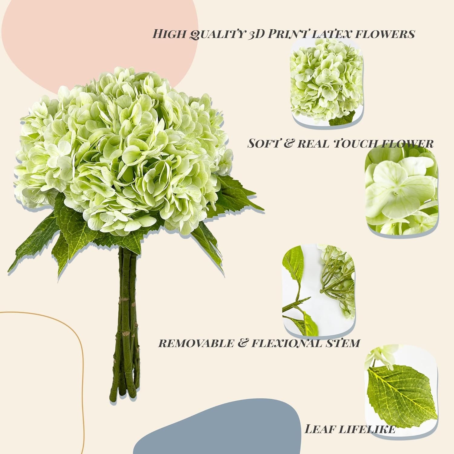 21In Light Green Artificial Hydrangea Flowers 5 Pcs Real Touch 3D Print Latex…