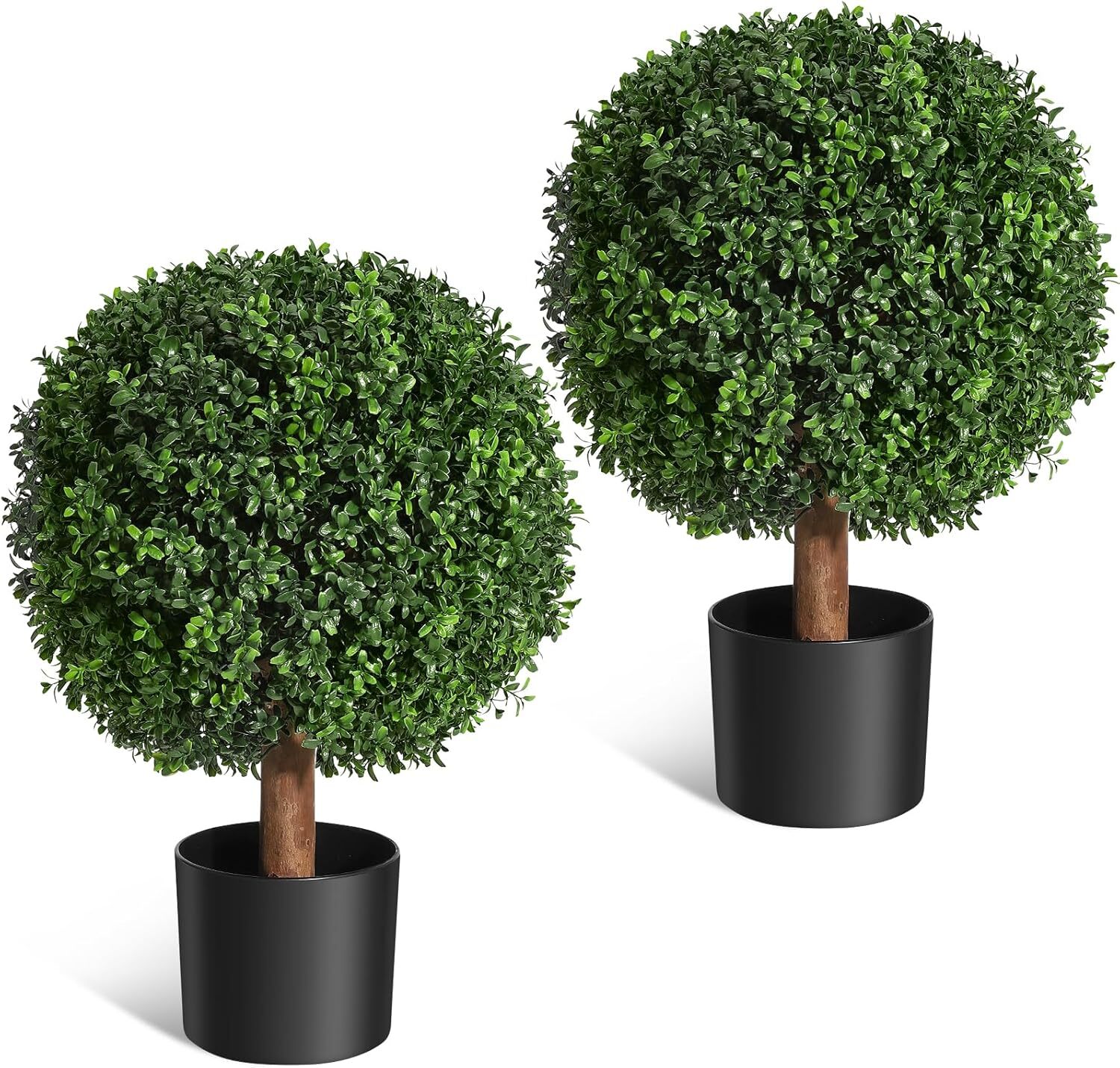 24 Inch Artificial Topiary Boxwood Ball Trees, Set of 2 Plants with 6″ x 5″ Pot