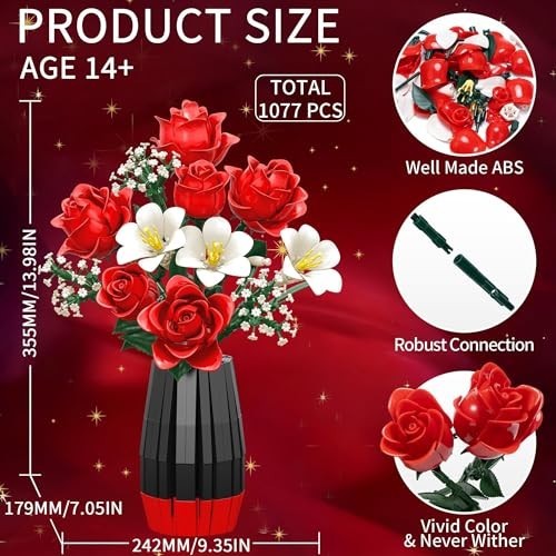 1077 PCS Artificial Rose Flower Bouquet Building Set with Vase – Perfect Gift fo
