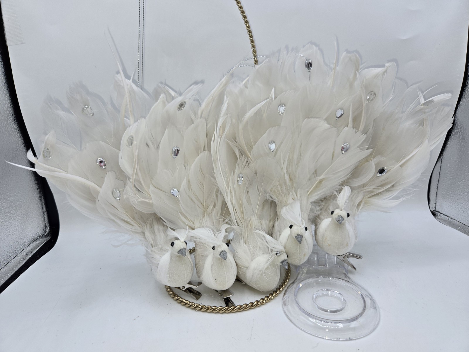 5~Artificial White Peacock Bird Glitter Gems Feather Decoration Hang or Clip-On