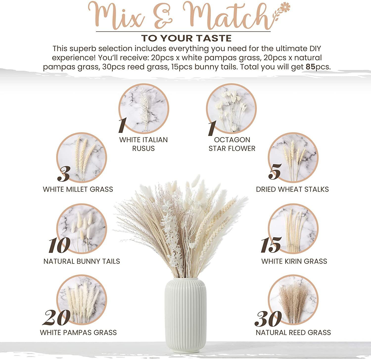 MagicDecor 85 Stems Natural Dried Pampas Grass, Bunny Tails, Natural Reed Grass