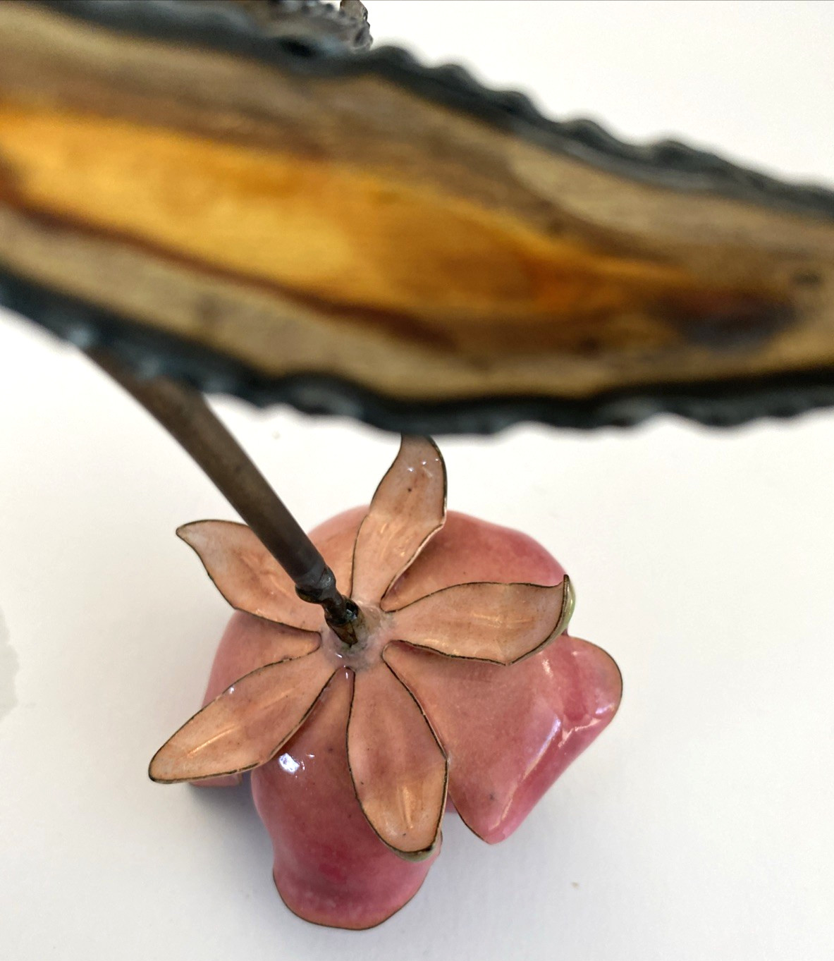 Rose Enamel Copper Flower Mid Modern Metal Art on Stone Onyx
