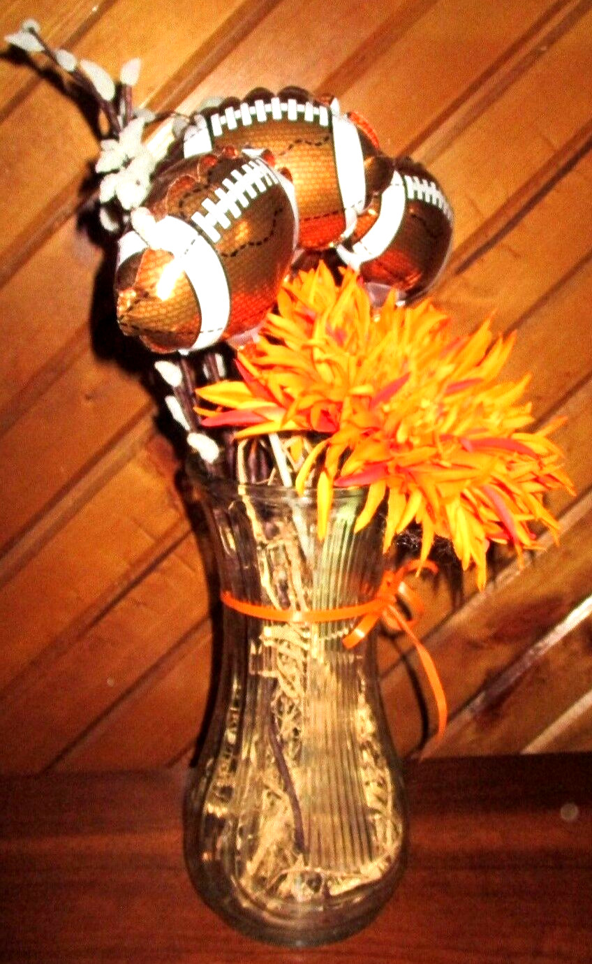 18″ FOOTBALL Autumn Faux PUSSY WILLOWS Orange Yellow FLORAL Hoosier Glass VASE
