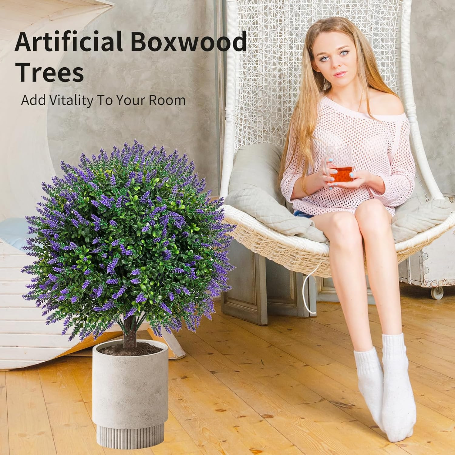 24″ Artificial Lavender Topiary Ball Tree Set of 2, UV & Fade Resistant Faux Shr