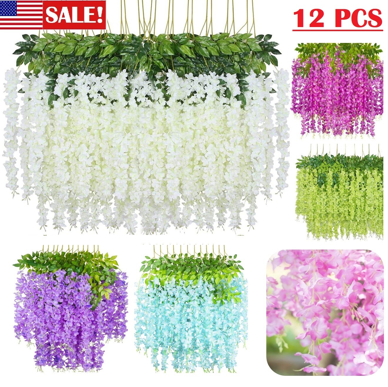 12Pcs 3.6ft Artificial Wisteria Vine Hanging Flower Wedding Garden Colorful USA