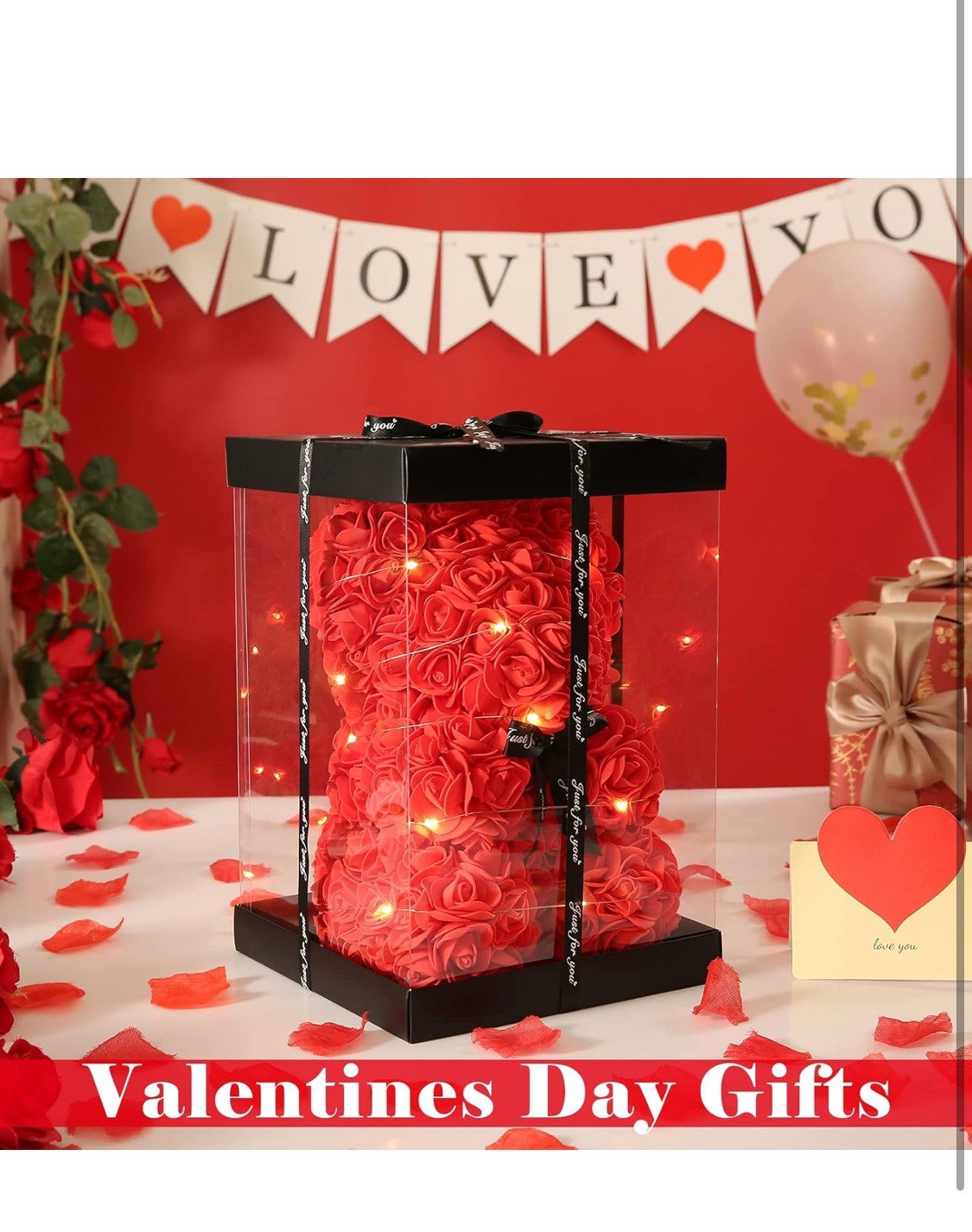 Red Rose Bear Gifts, Flower Bear Rose Teddy Bear with Box Lights Necklace Balloo