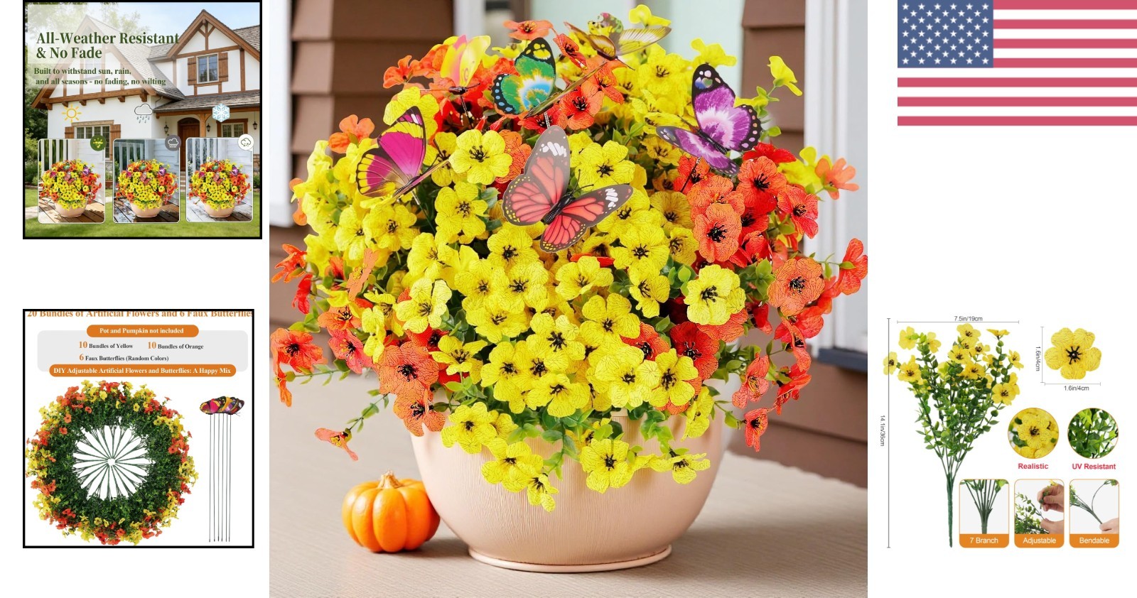20 Bundled Artificial Flowers for Outdoors‌ and 6 Faux Butterflies | UV Resis…
