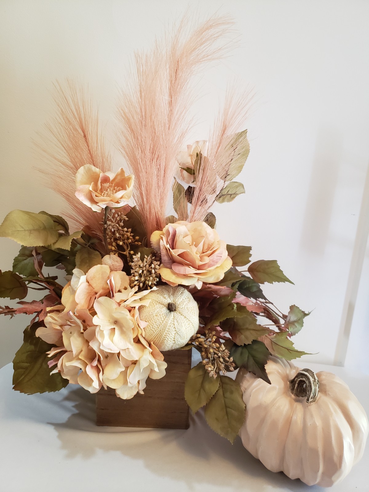 Pink Dried Look Hydrangea Centerpiece, Pampas Grass, Cream Pumpkins