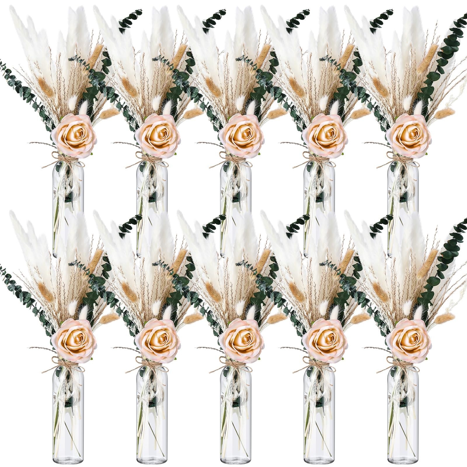 10 Set Dried Pampas Grass Centerpiece, 10 Glass Jars & Roses for Rustic Decor