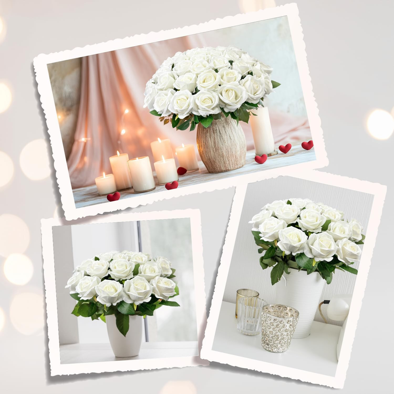 100 PCS Artificial White Roses Bulk Velvet Silk Fake Flowers Wedding Centerpiece