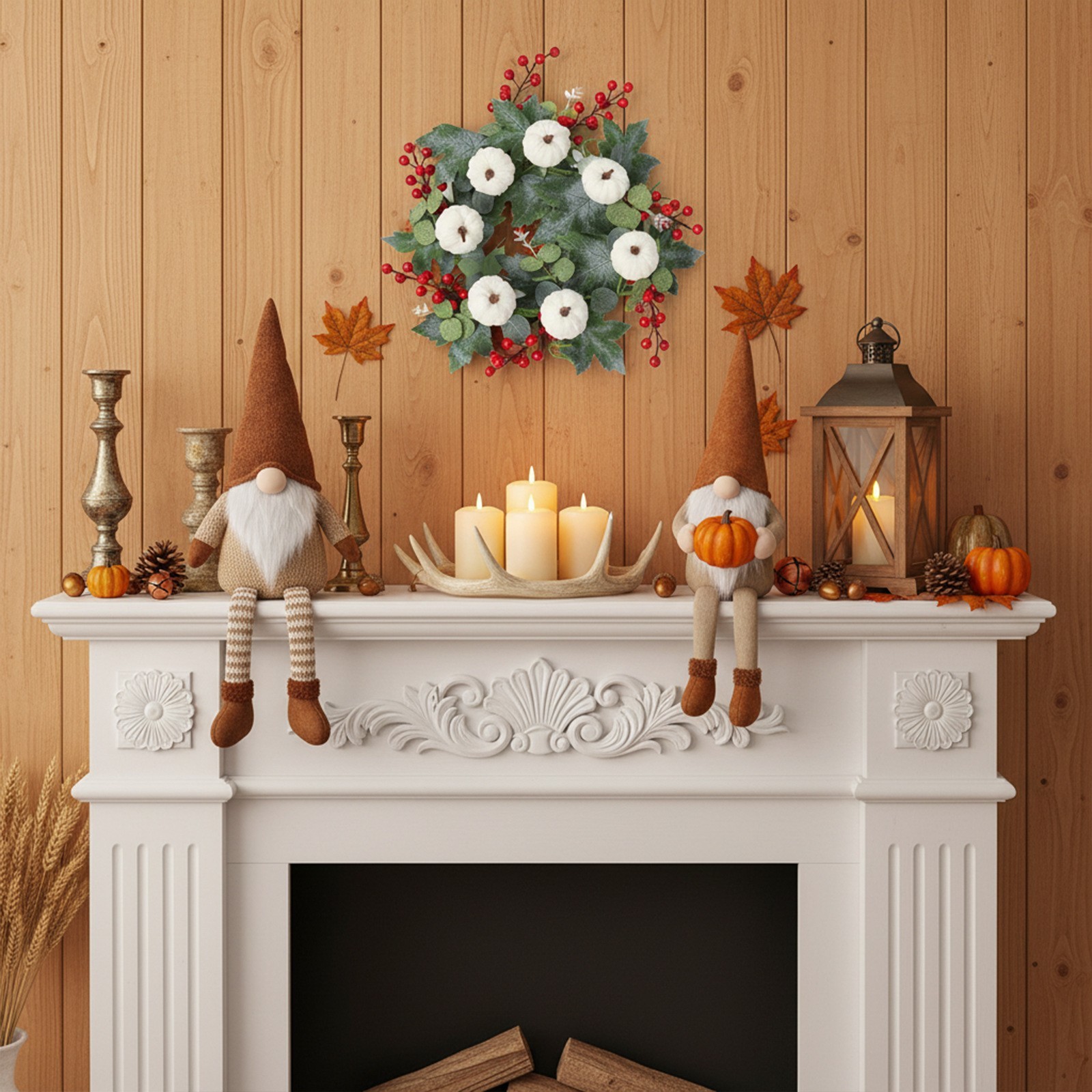14in Plastic Wreath Artificial Flocked Pumpkins Berries Maple Eucalyptus