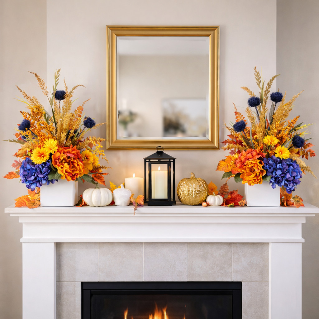 Set of 2 Large Fall Floral Arrangements, Blue Hydrangea Autumn Mantel Decor