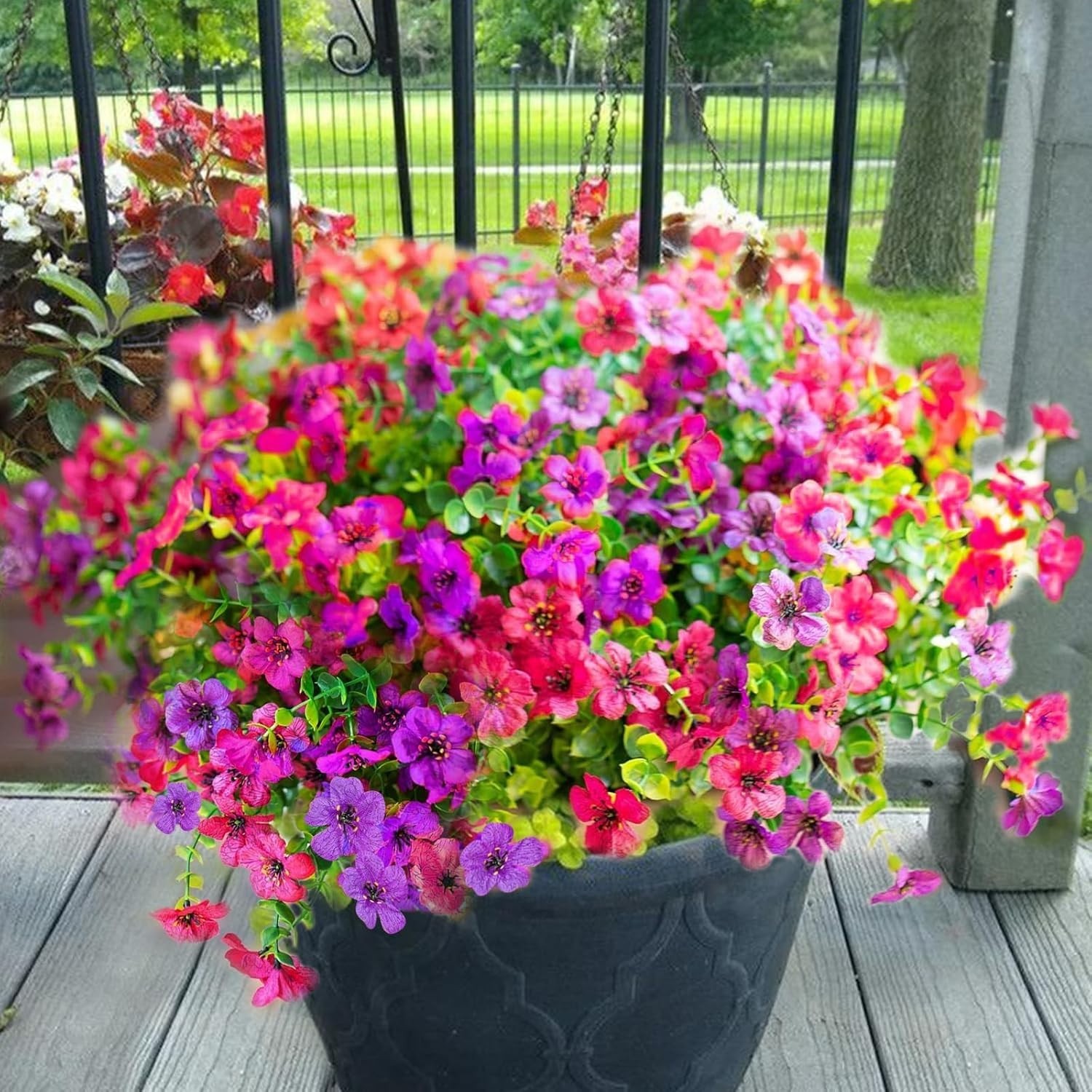 Vibrant 12 Bundles of Lifelike Fake Flowers for Outdoor Decor – Fuchsia/Rose Red