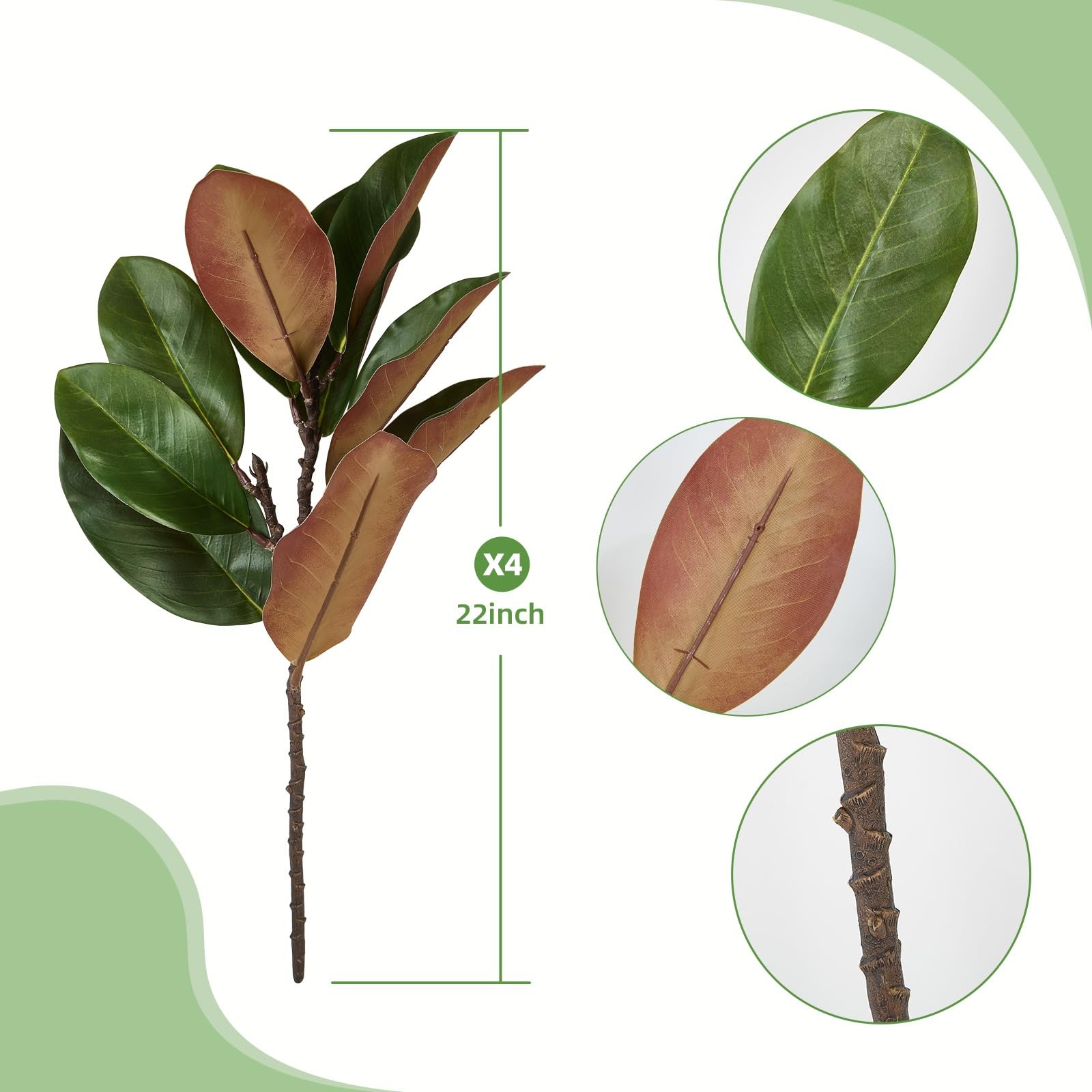 OBDXZHC 4 Pcs Magnolia Artificial Leaves Branches 22 Inch 3D Real Touch Faux …