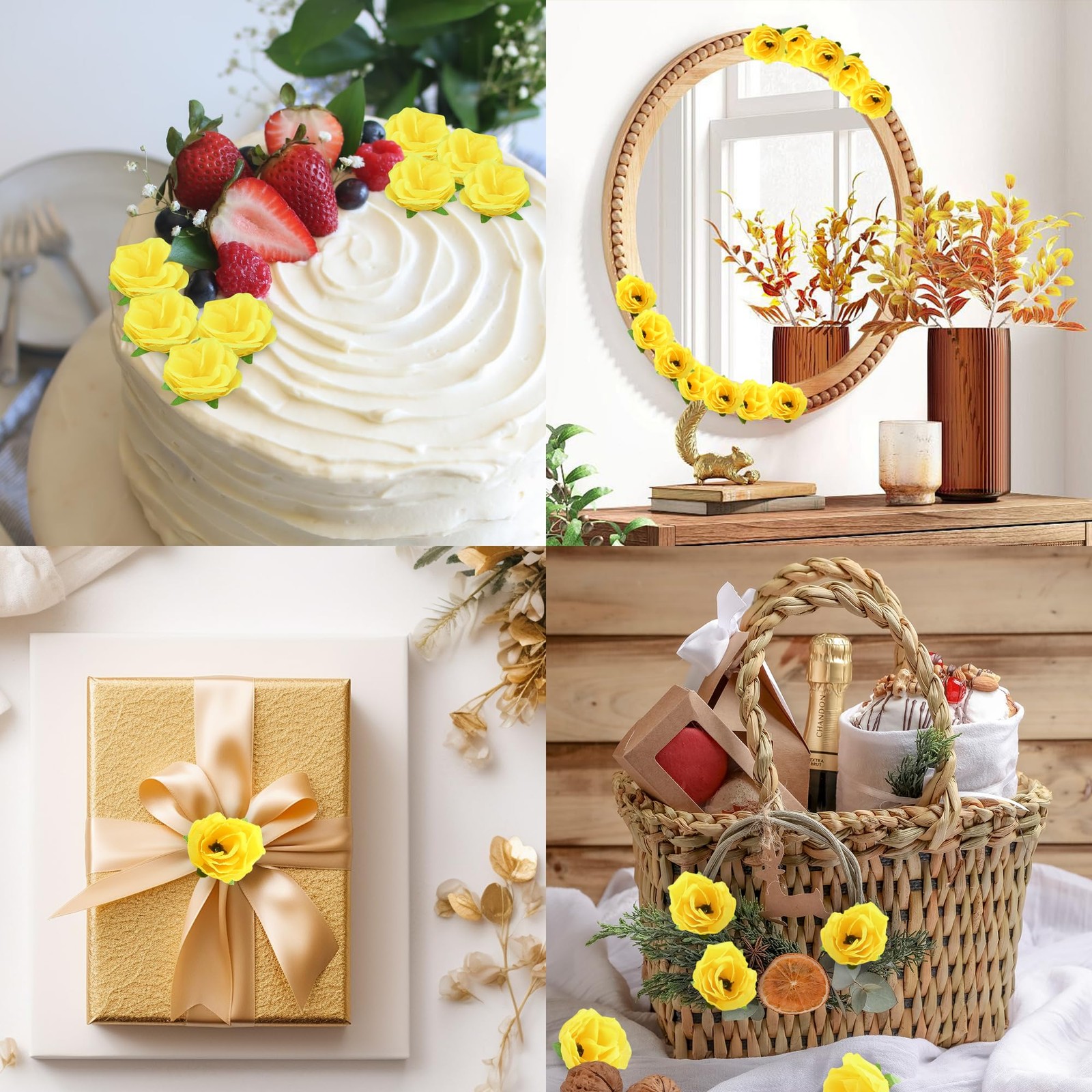100 PCS Mini Rose Head Artificial Fake Silk Flower Yellow 1.3 Inch DIY