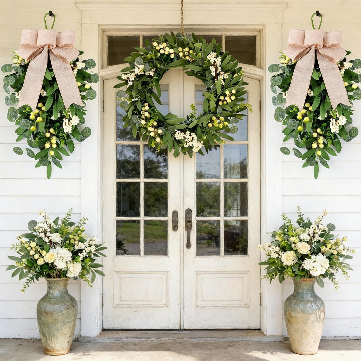 3 PCS Artificial Green Eucalyptus Wreaths for Front Door Spring Summer Greene…